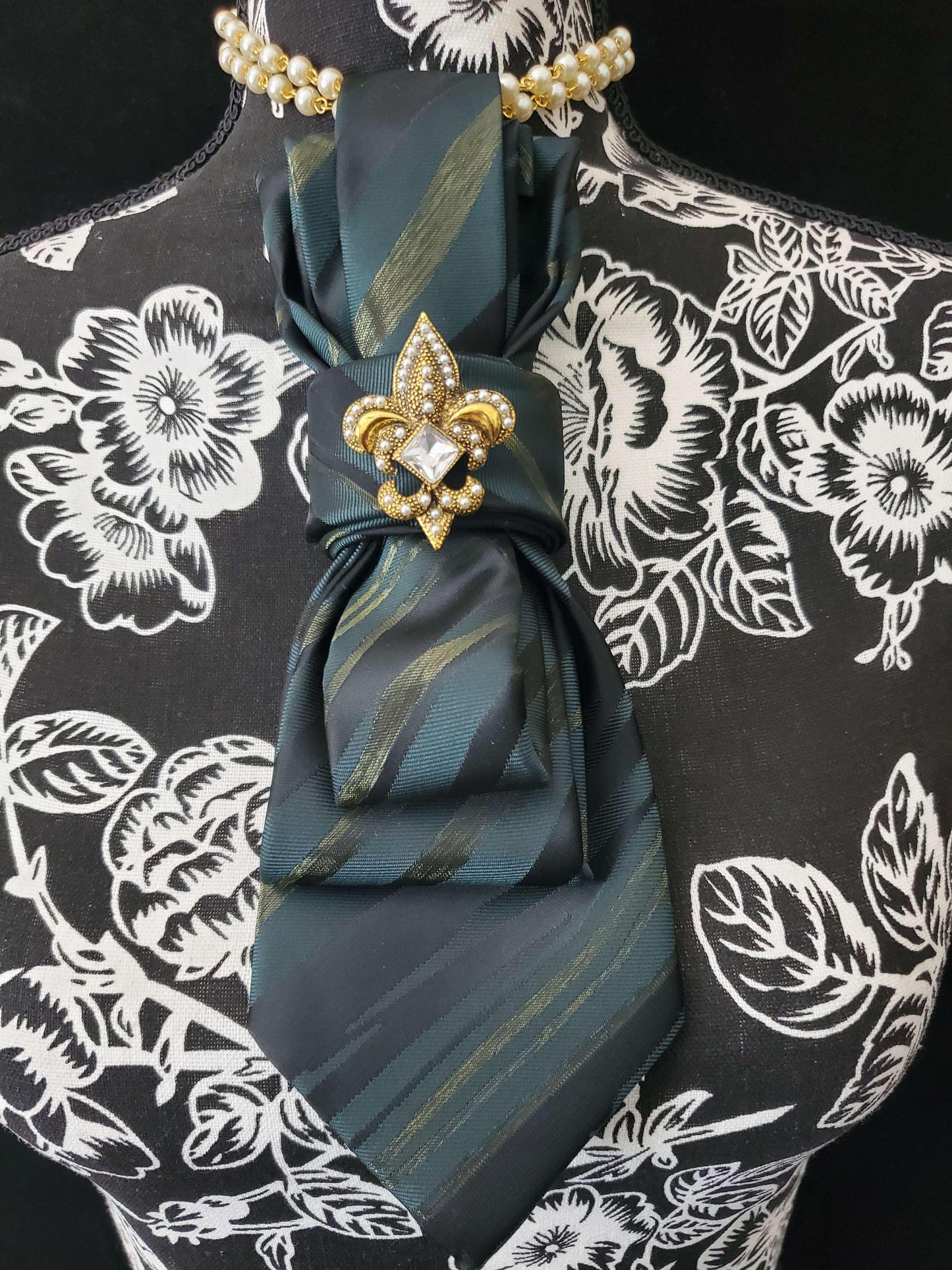 Camo womens tie, gold necktie necklace