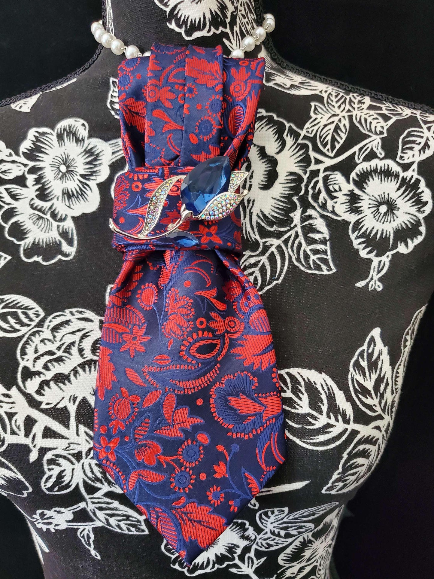 Simply Elegant Blue and Red Floral Women's Tie- Brooch Necklace - Handcrafted Statement Jewelry - Brooch Necktie -Stylish Neckwear For Women