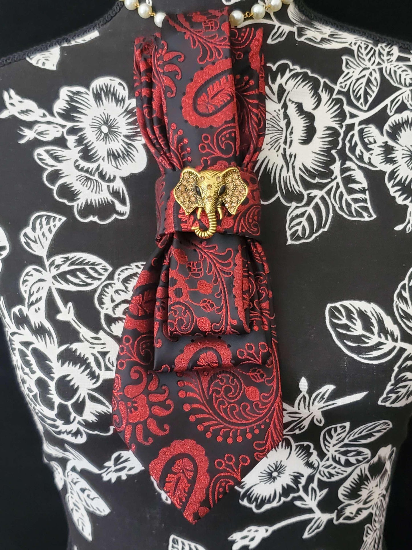 Red Paisley Tie Necklace: Elephant Brooch, Handcrafted Statement Jewelry