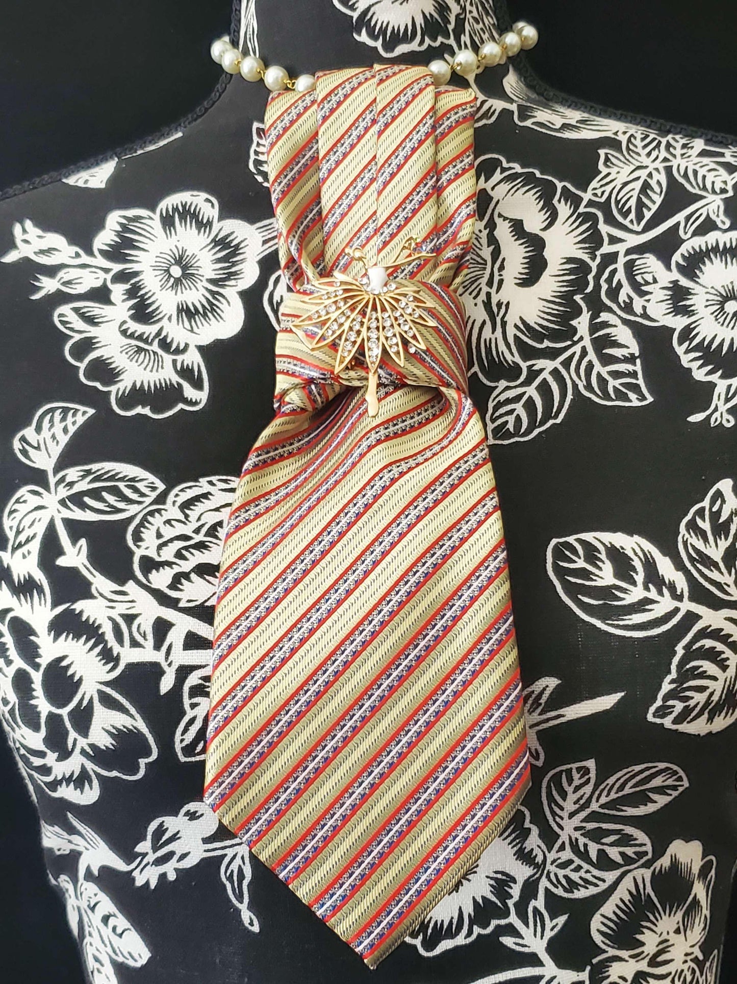 Gold Striped Necktie Necklace: Handmade Silk Tie with Ballerina Brooch