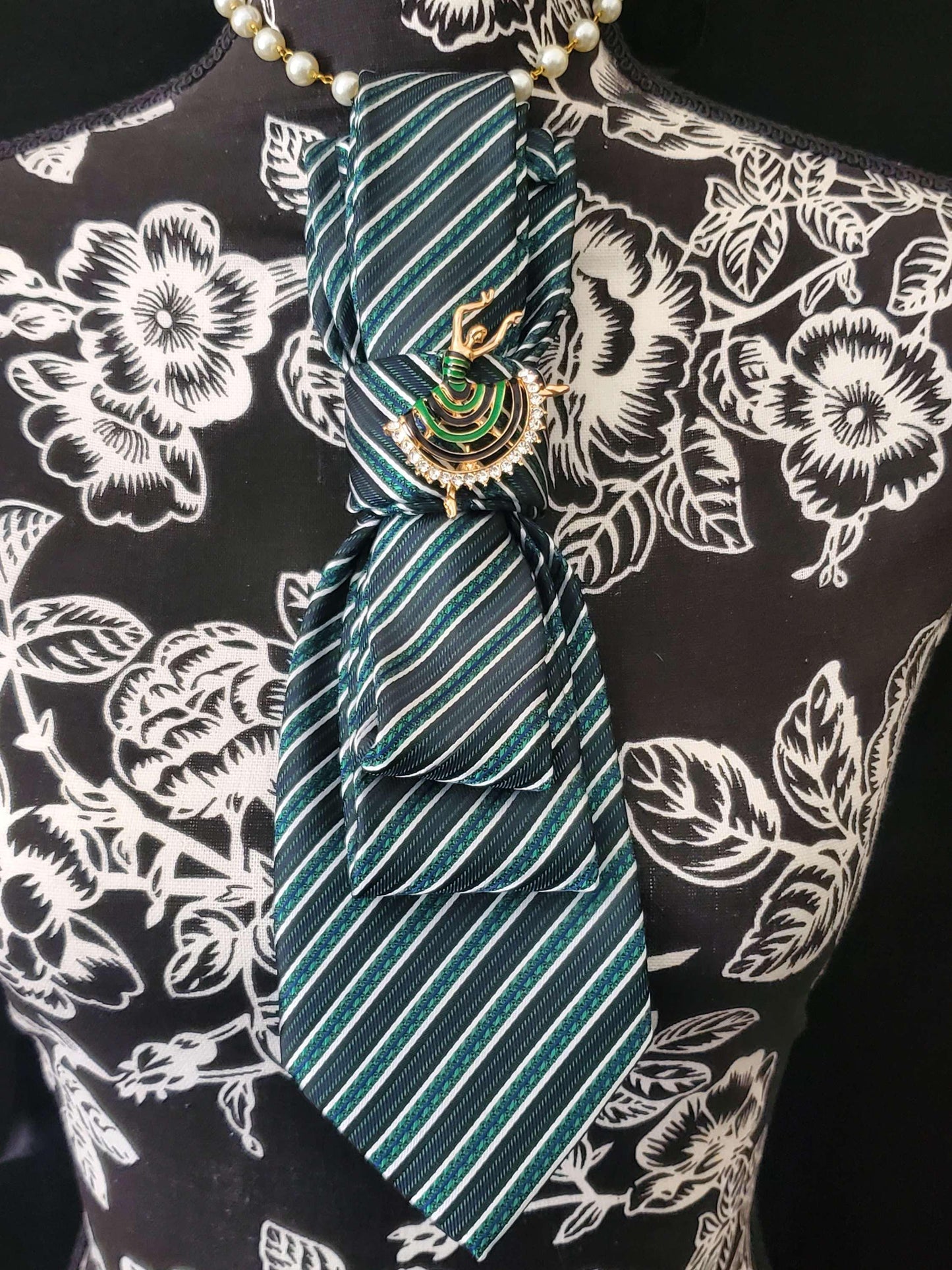 Simple Green Stripe Women's Tie- Ballerina Brooch Necklace - Handcrafted Statement Jewelry - Brooch Necktie - Stylish Neckwear For Women