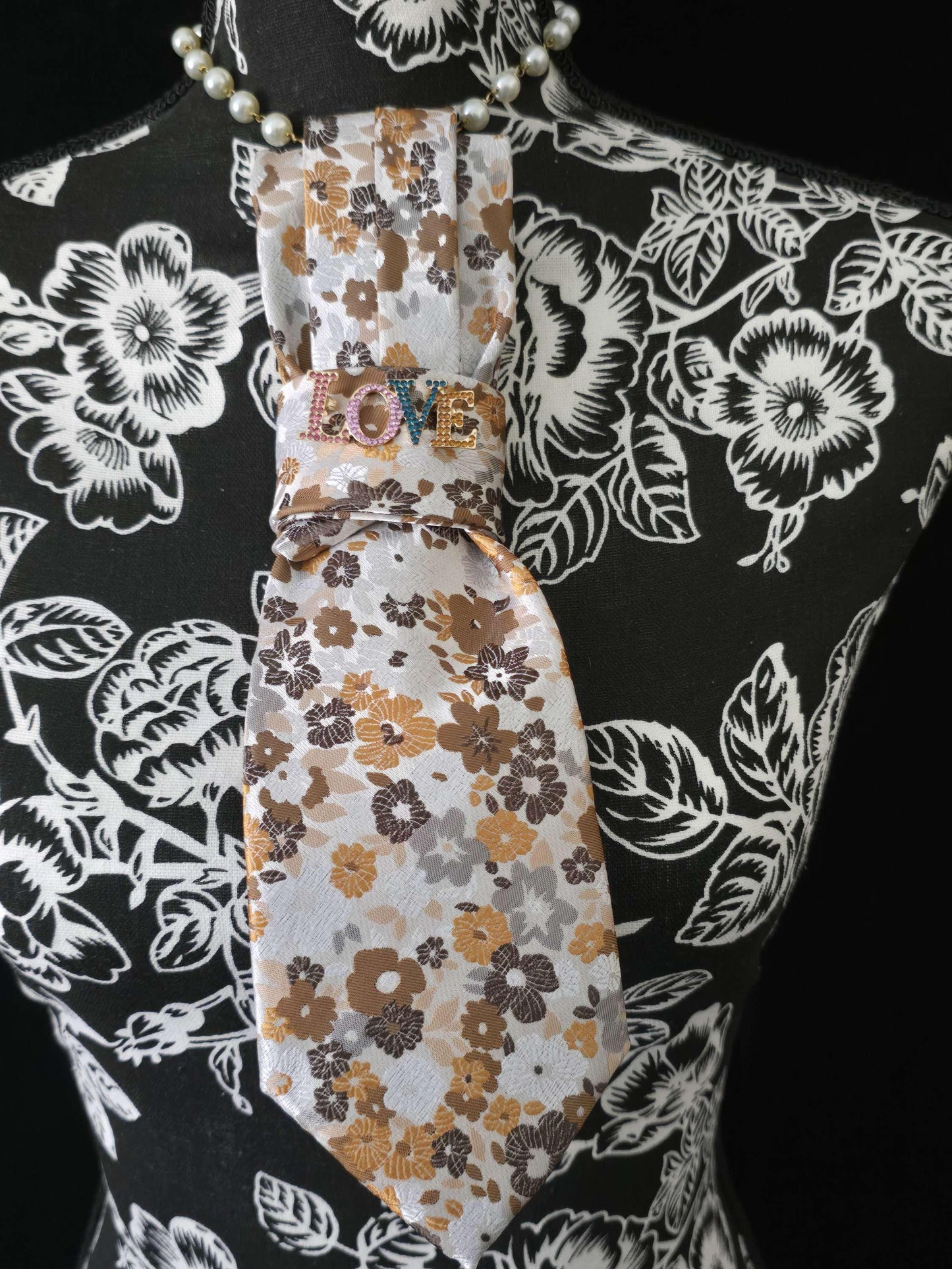 Floral Silk Necktie Necklace: Rhinestone LOVE Brooch, Pearl Chain