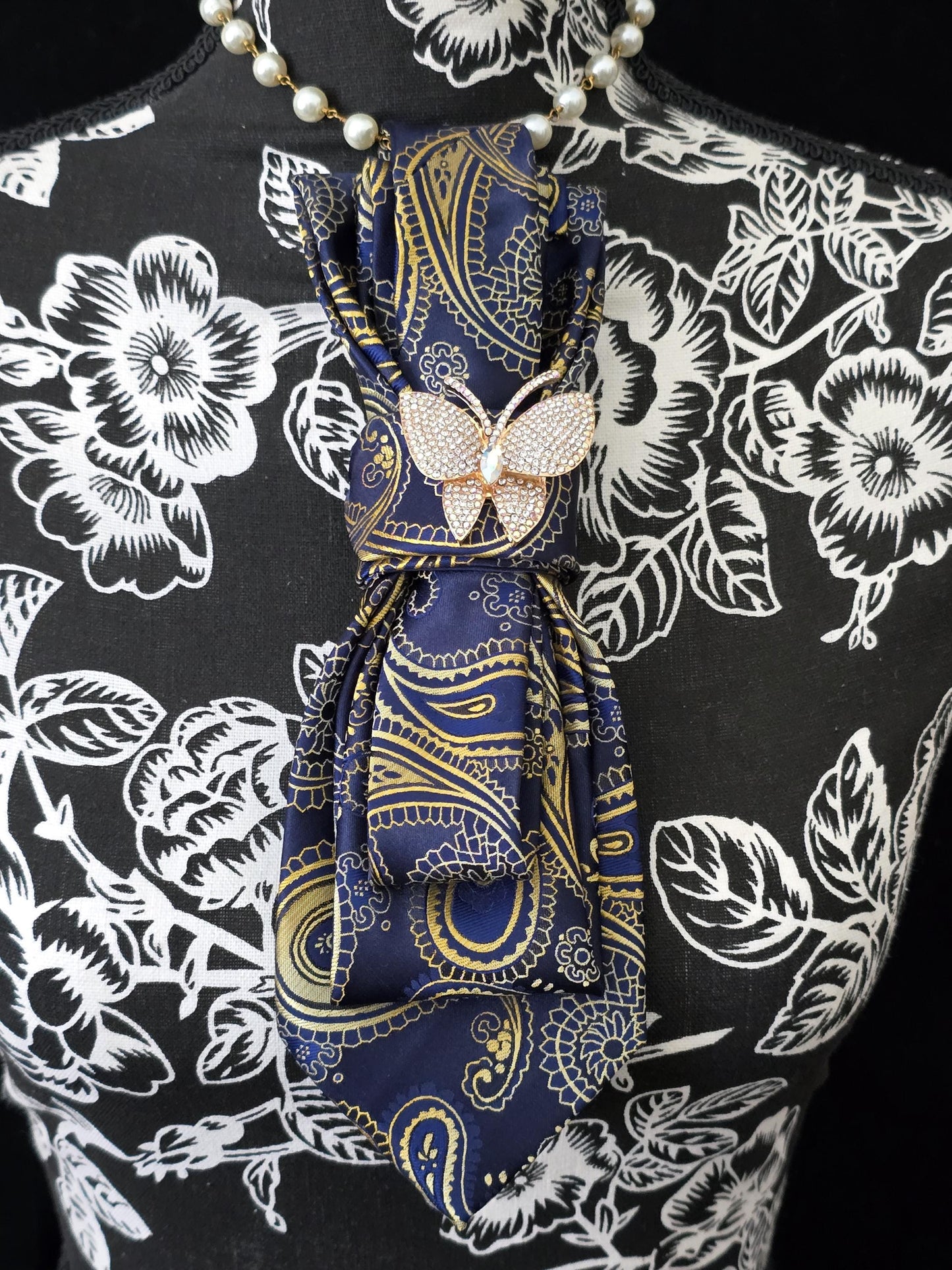 Butterfly Brooch Necklace - Blue and Gold Paisley Women's Tie-Handcrafted Statement Jewelry - Brooch Necktie - Stylish Neckwear For Women