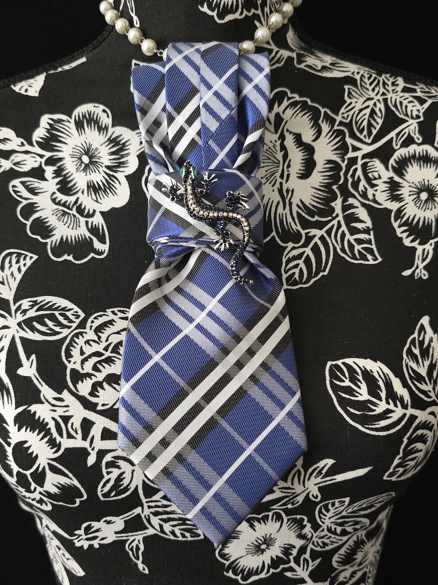 Blue and Black Plaid Women's Necktie Necklace - Handcrafted Jewelry - Brooch Necktie - Stylish Neckwear For Women