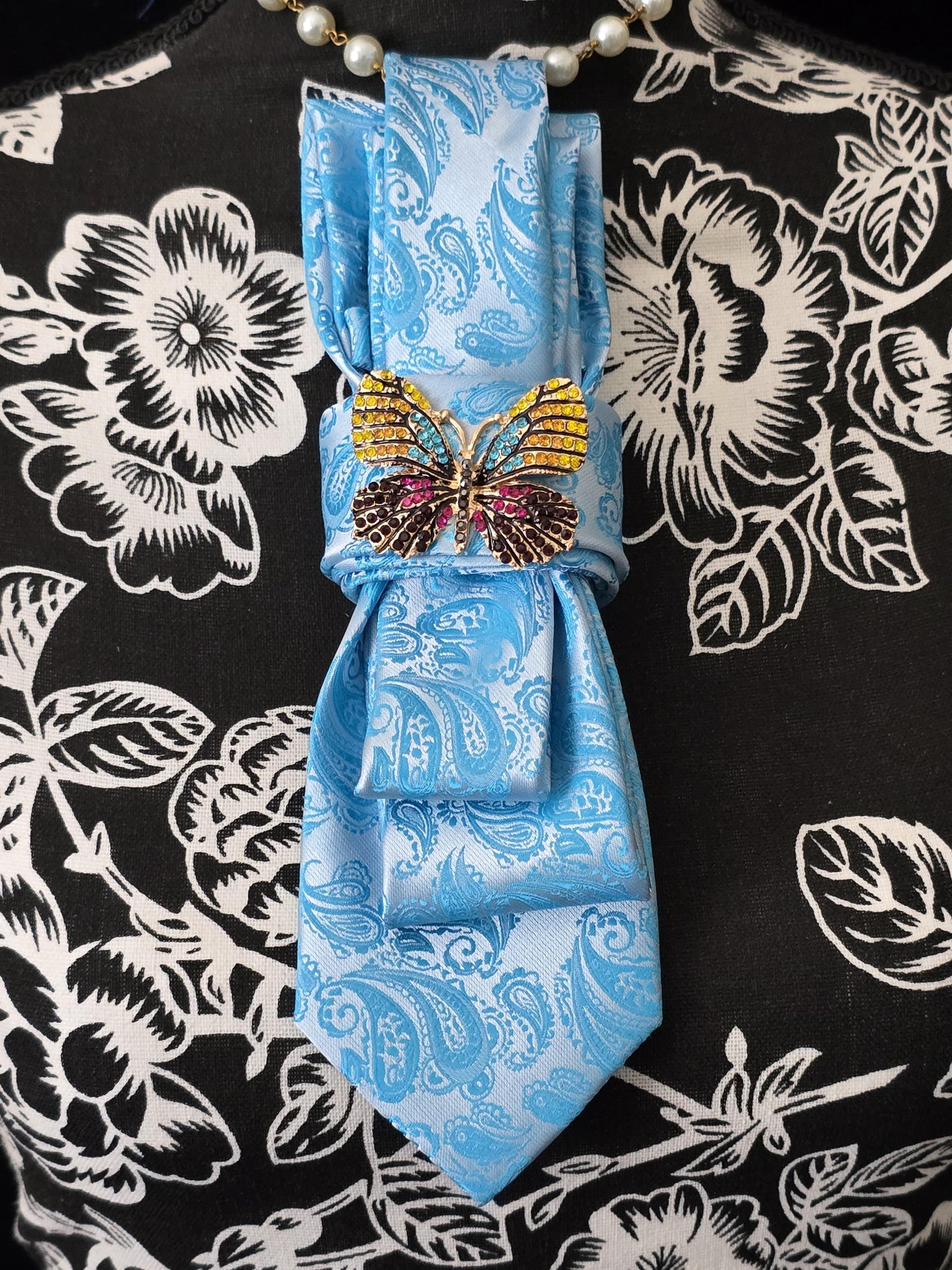 Blue Paisley Women's Necktie Necklace - Handcrafted Jewelry - Brooch Necktie - Stylish Neckwear For Women