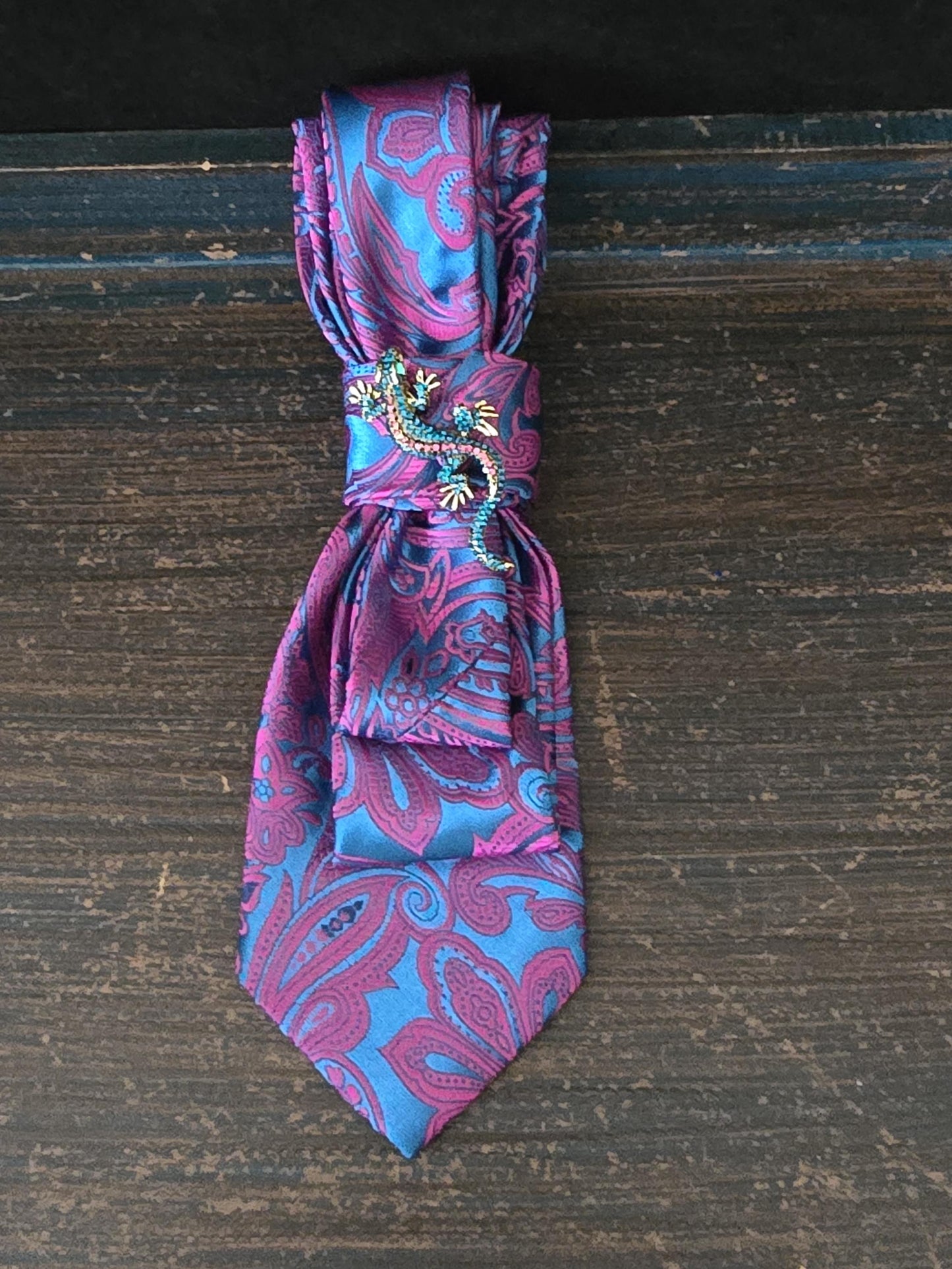 Simply Elegant Blue Paisley Women's Tie- Brooch Necklace - Handcrafted Statement Jewelry - Brooch Necktie -Stylish Neckwear For Women