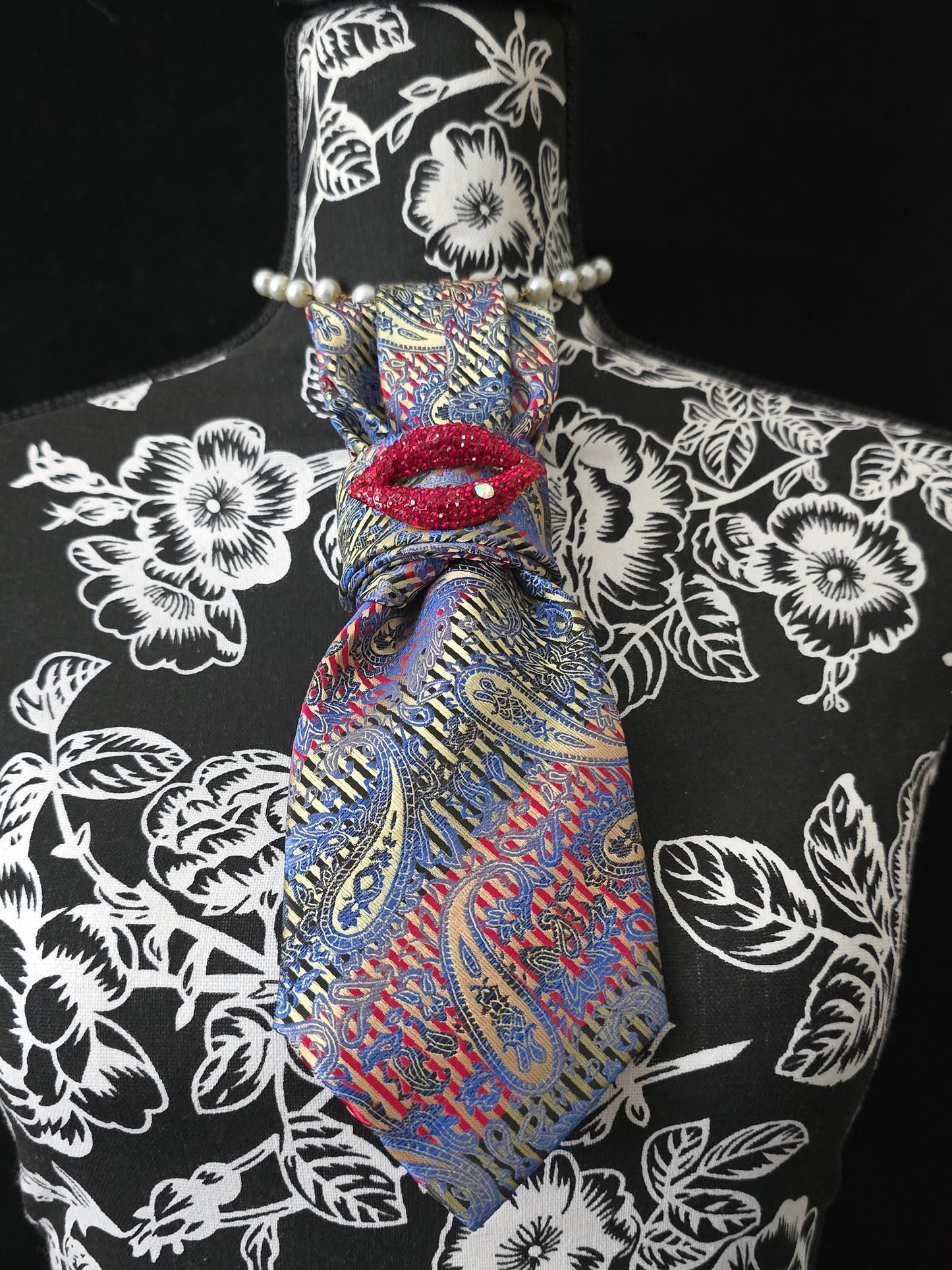 Red, Blue & Black Paisley Women's Necktie Necklace - Handcrafted Jewelry - Brooch Necktie - Stylish Neckwear For Women