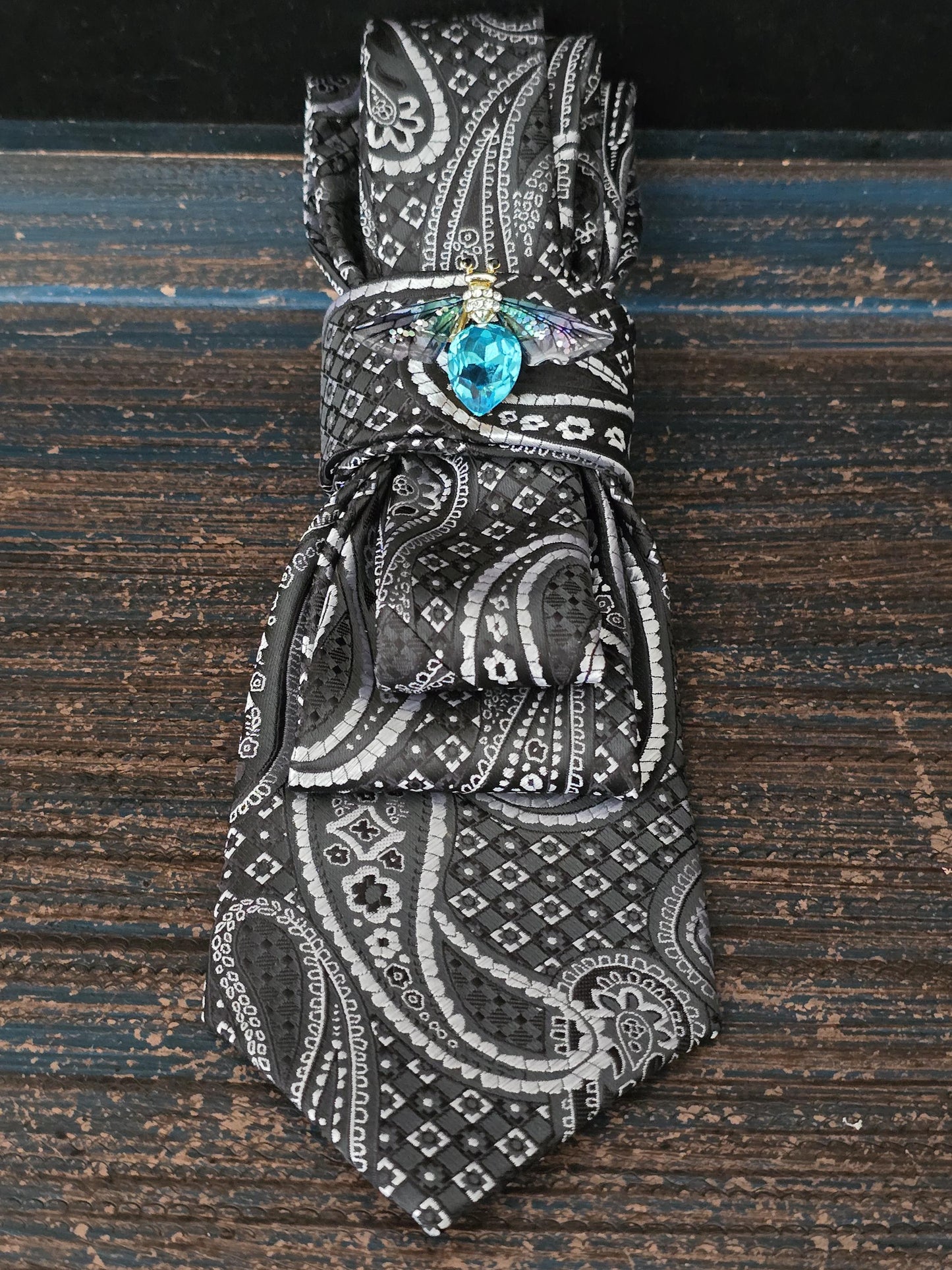 Black & White Paisley Tie Necklace: Silk Brooch Neckwear