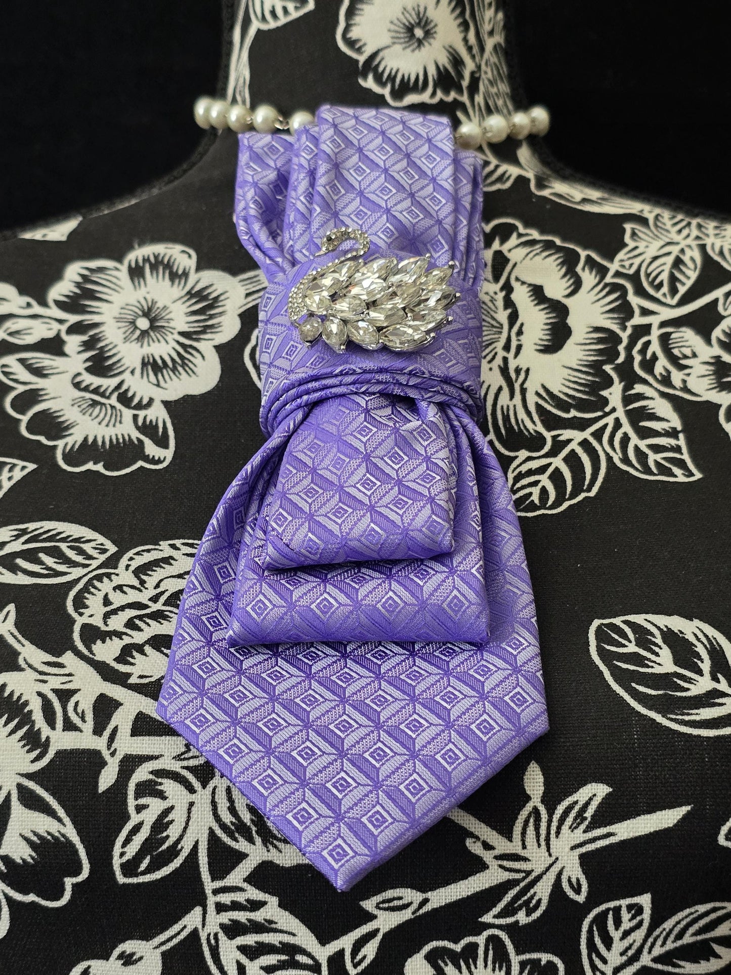 Purple Silk Necktie Necklace: Crystal Swan Brooch, Adjustable Rosary Chain