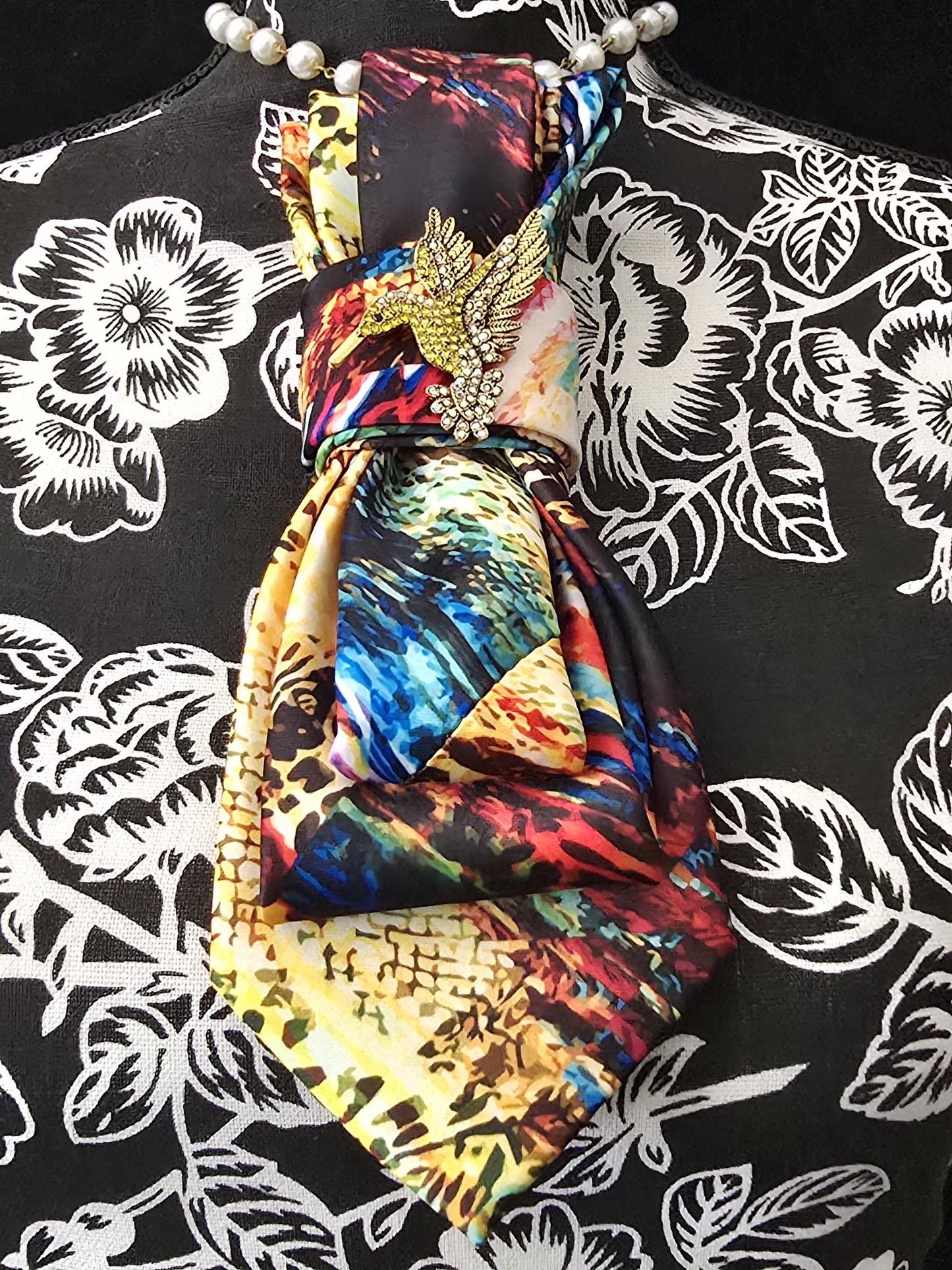 Handmade Silk Tie Necklace: Rhinestone Hummingbird Brooch - Multi-Color Neckwear