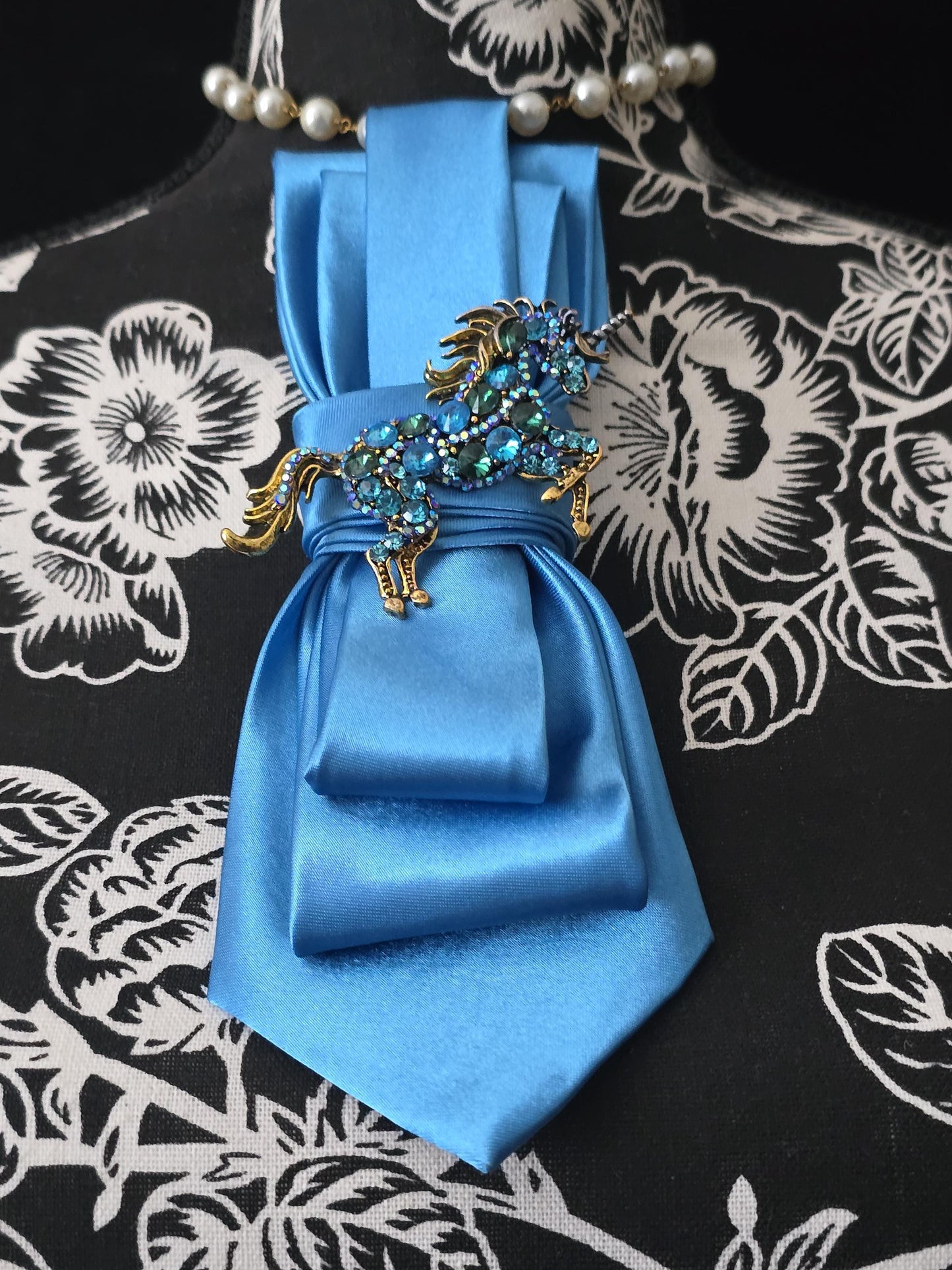 Blue Unicorn Brooch Necktie Necklace: Silk Tie, Rhinestone, Pearl Option