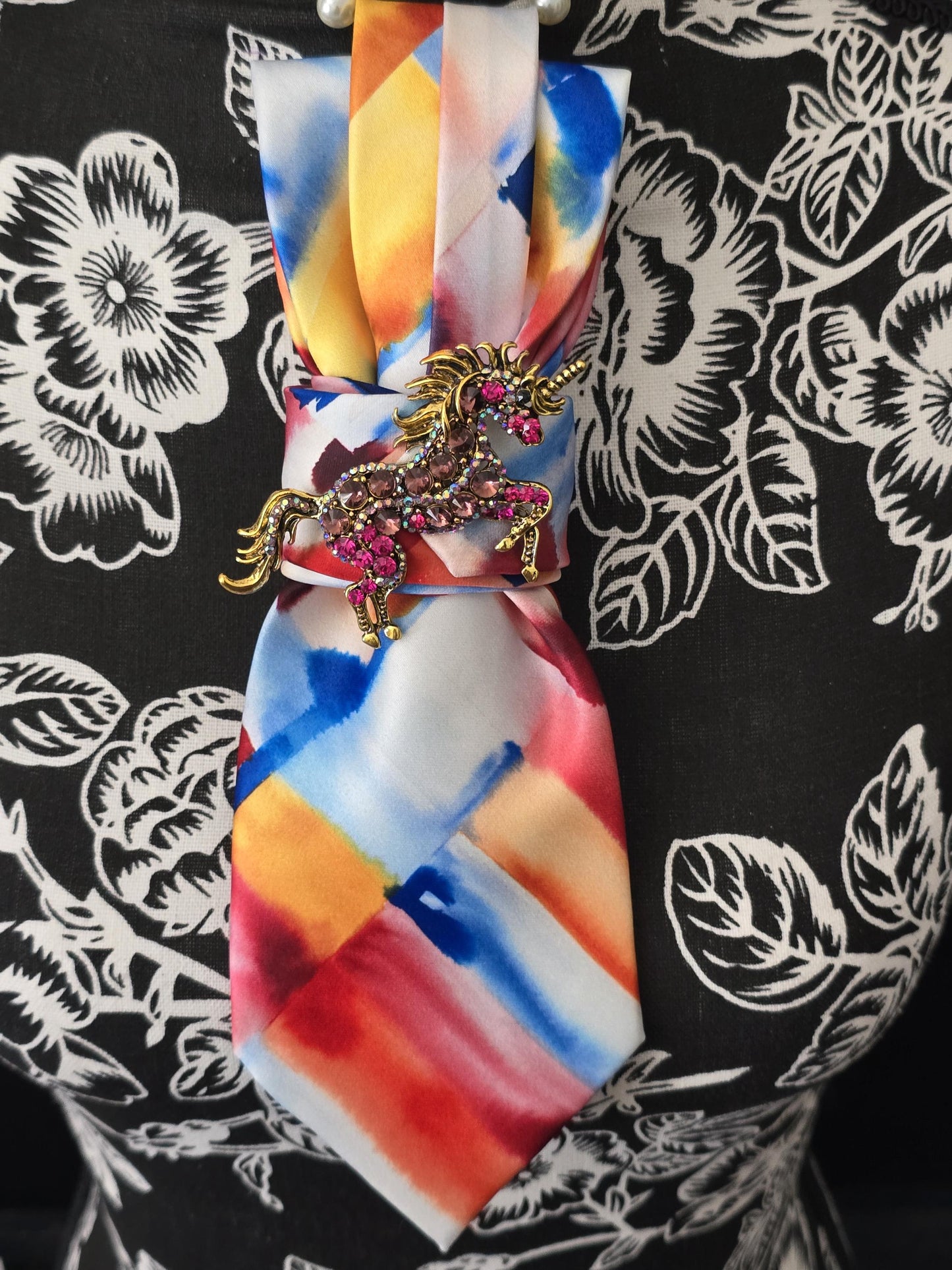 Unicorn Brooch Necktie Necklace: Red Rhinestone, Silk Tie