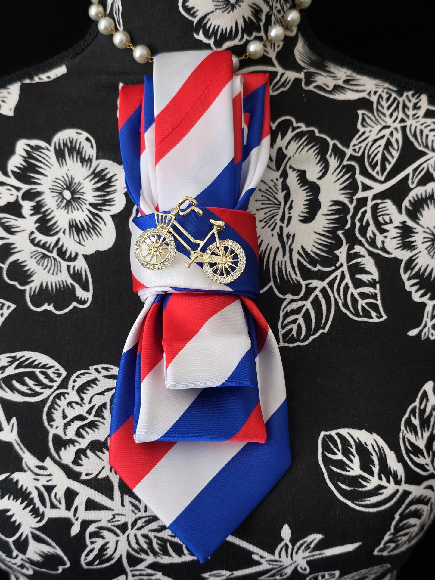 Red, Blue, White Stripe Silk Necktie Necklace: Bicycle Brooch, Adjustable