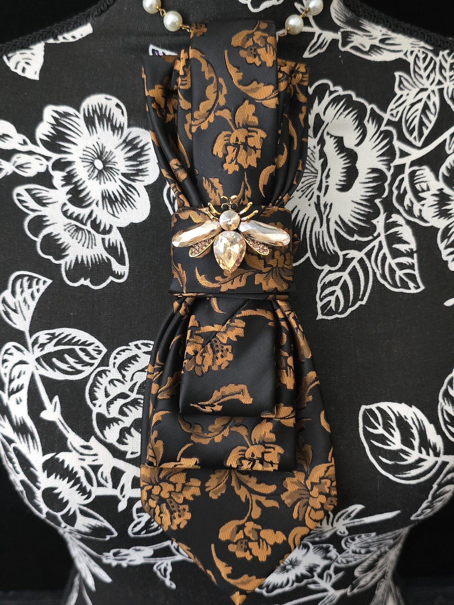 Black and Gold Floral Women's Tie- Crystal Fly Brooch Necklace - Handcrafted Statement Jewelry - Brooch Necktie -Stylish Neckwear For Women