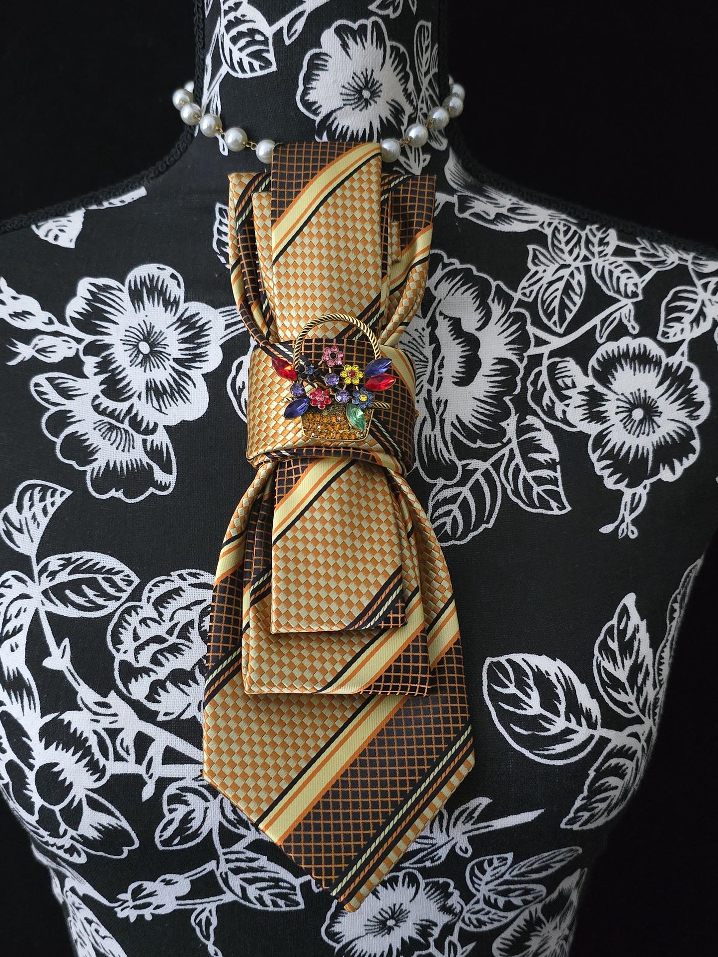 Multi Color Stripe Women's Tie- Brooch Necklace - Handcrafted Statement Jewelry - Brooch Necktie - Stylish Neckwear For Women