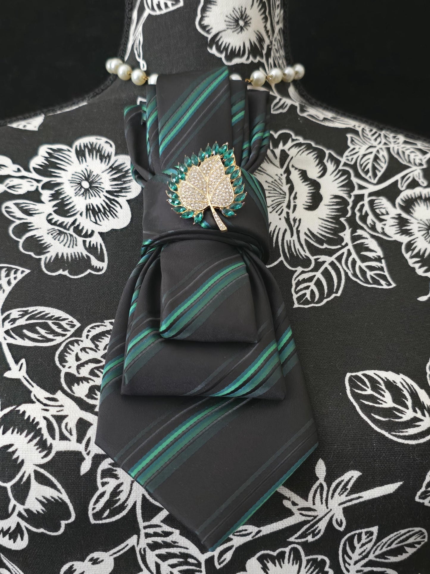 Simply Elegant Green Striped Women's Necktie Necklace -Handcrafted Statement Jewelry- Brooch Necktie - Stylish Neckwear For Women
