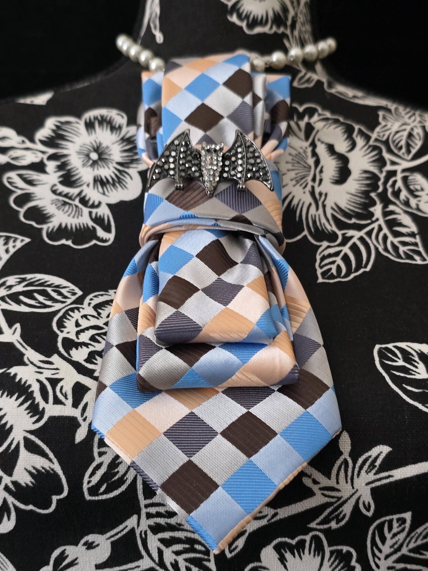 Blue/Brown Plaid Women's Tie- Brooch Necklace - Handcrafted Statement Jewelry - Brooch Necktie - Stylish Neckwear For Women