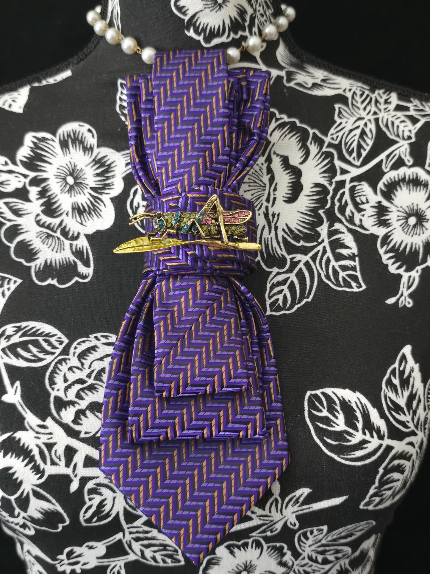 Purple Women's Tie- Grasshopper Brooch Necklace - Handcrafted Statement Jewelry - Brooch Necktie - Stylish Neckwear For Women