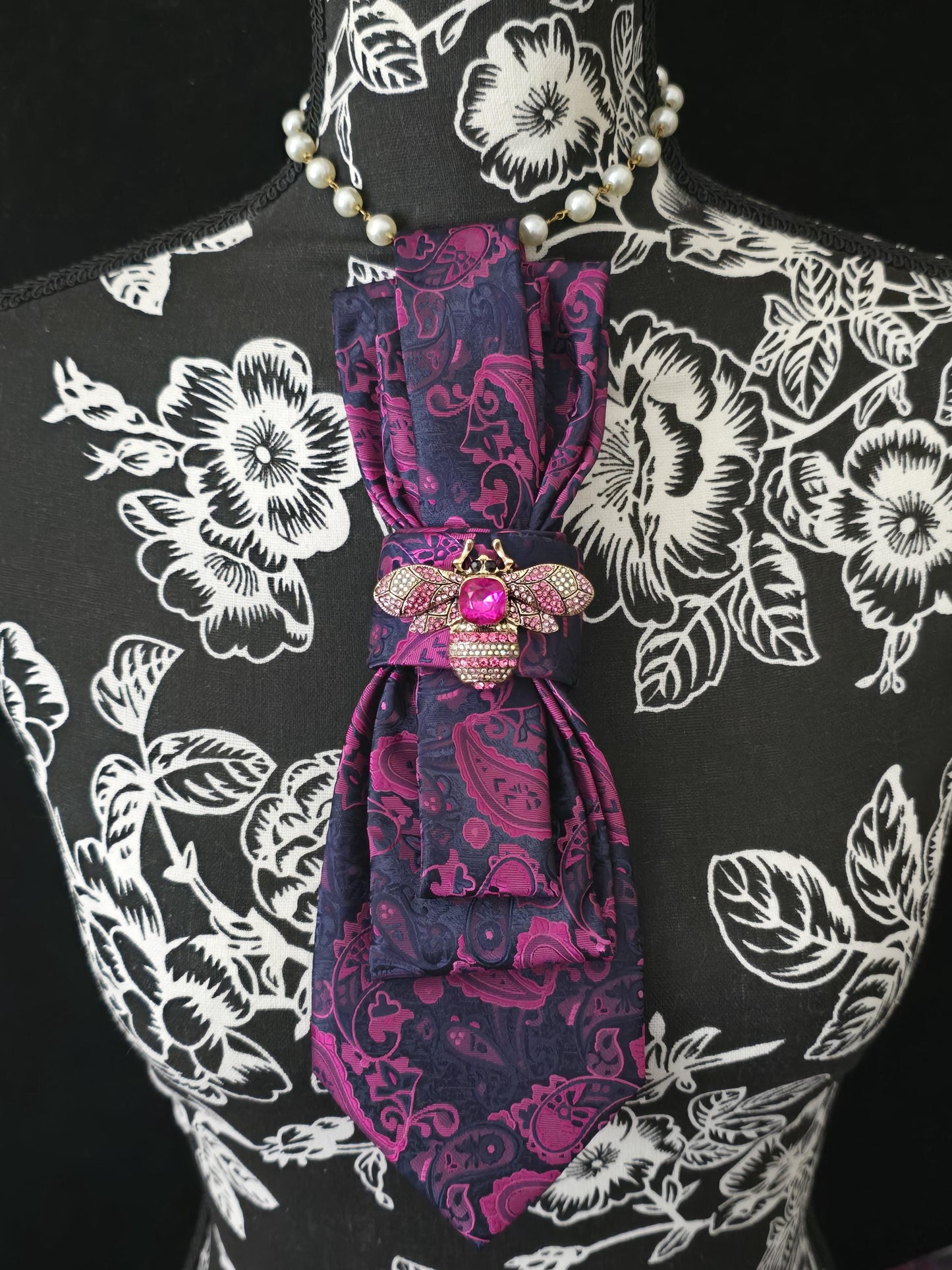 Simply Elegant Pink and Blue Paisley Women's Necktie Necklace - Handcrafted Statement Jewelry - Brooch Necktie - Stylish Neckwear For Women