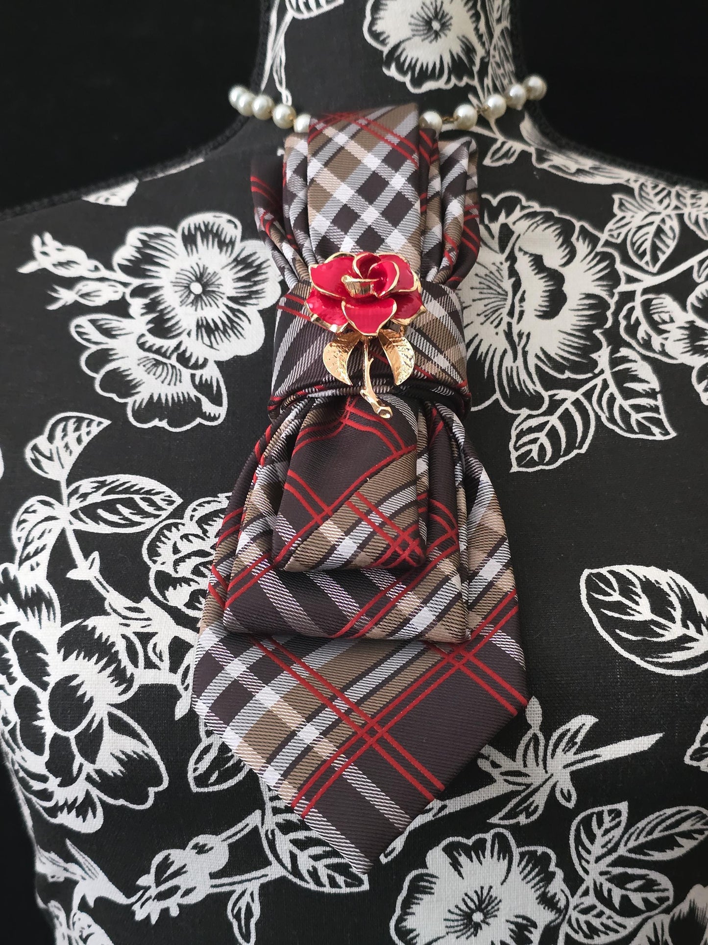 Brown/Red Plaid Women's Tie- Rose Brooch Necklace - Handcrafted Statement Jewelry - Brooch Necktie - Stylish Neckwear For Women