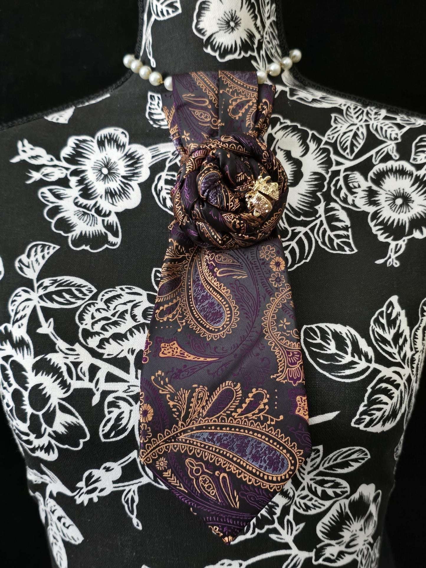 Simply Elegant Purple and Gold Silk Necktie Necklace: Ladybug Brooch Statement Jewelry
