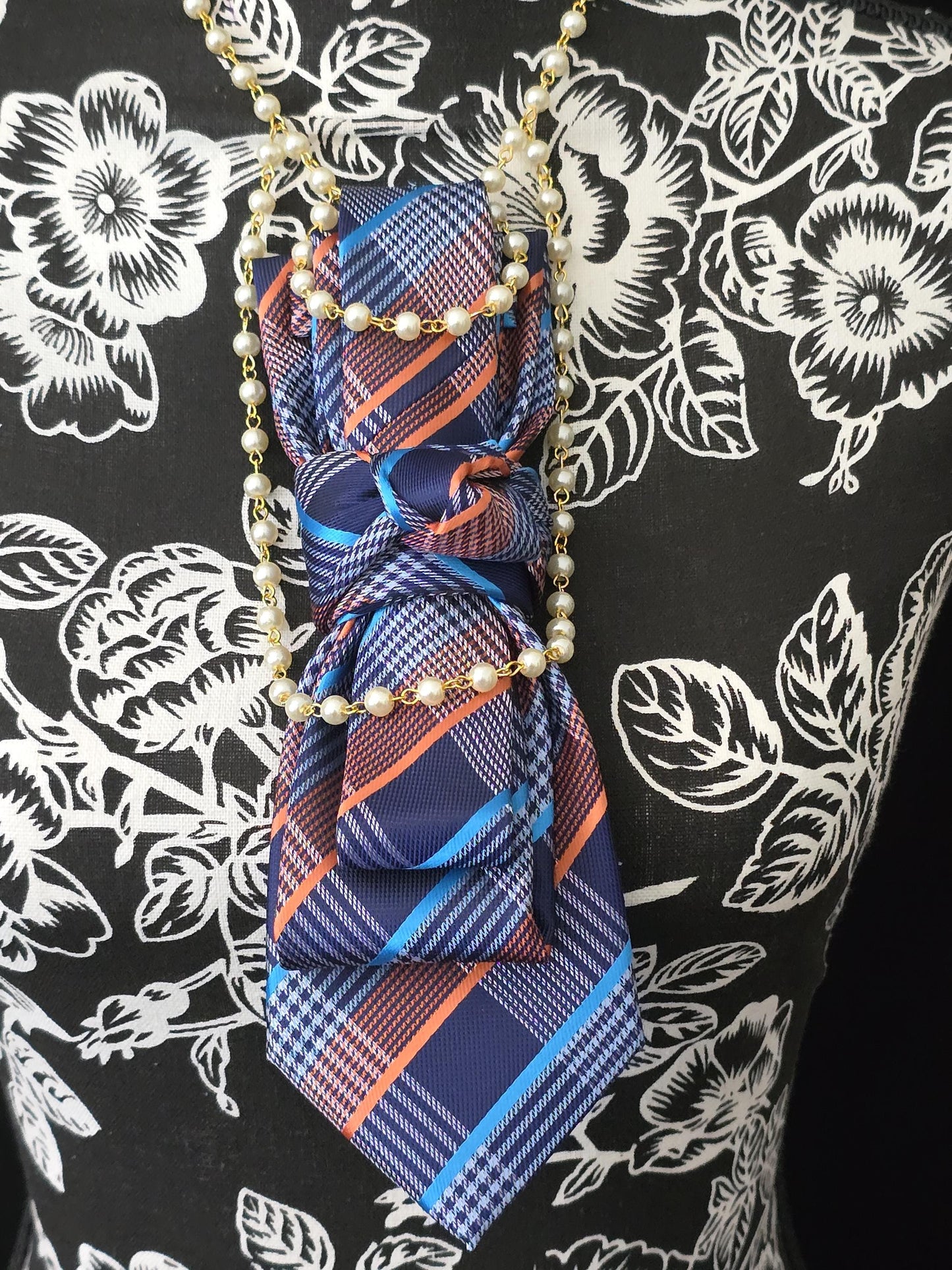 Women's Blue and Orange Plaid Necktie Necklace - Handcrafted Statement Jewelry - Brooch Necktie For Women