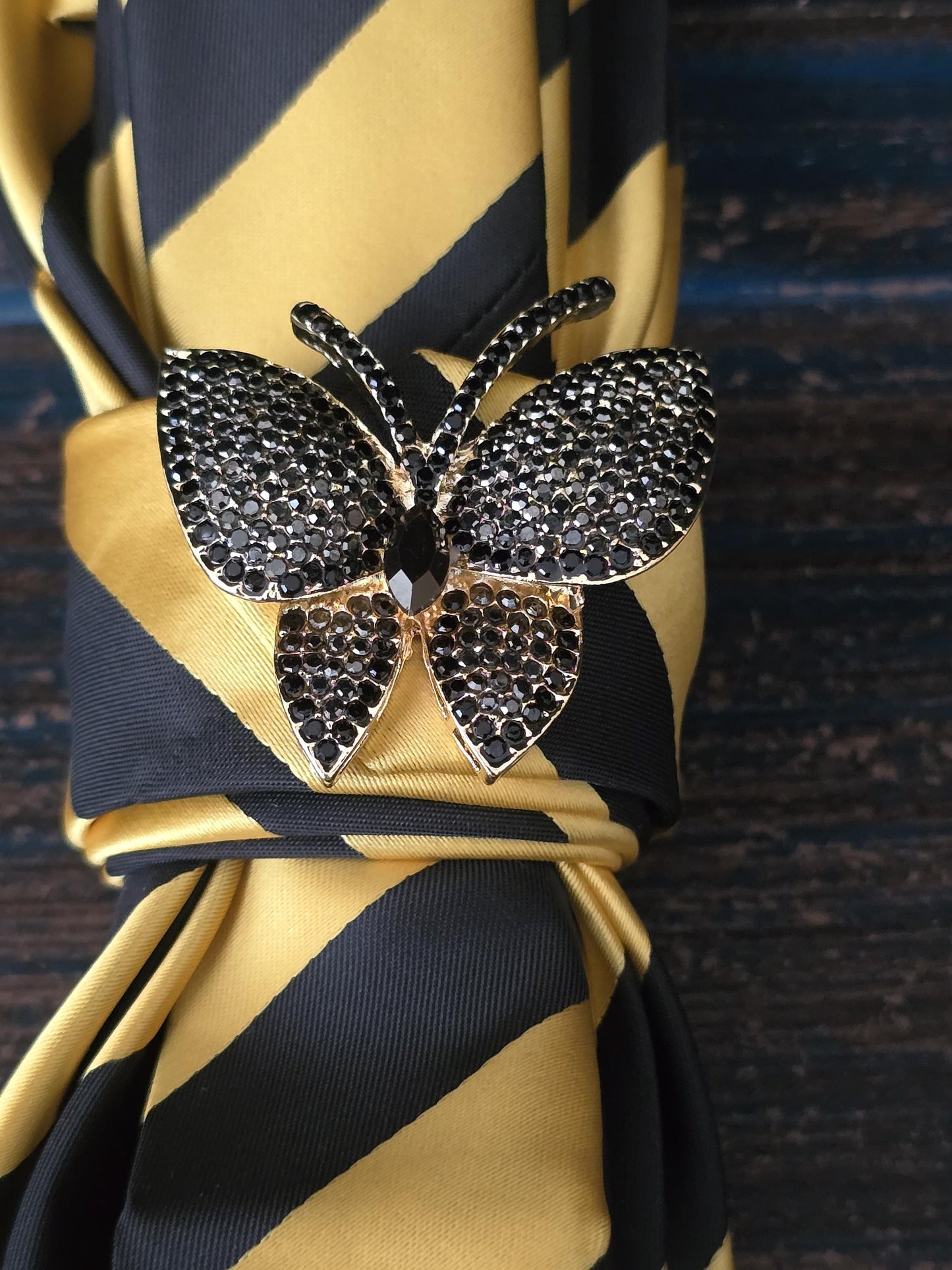 Butterfly Brooch Necklace - Black and Gold Stripe Women's Tie-Handcrafted Statement Jewelry - Brooch Necktie - Stylish Neckwear For Women