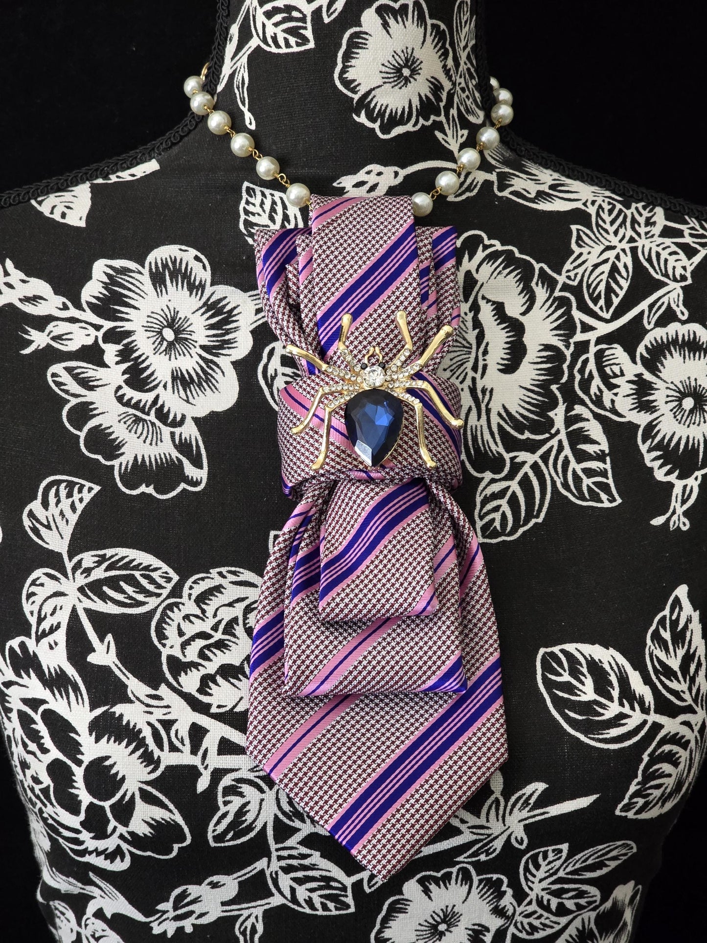 Stylish Pink and Blue Stripe Women's Necktie Necklace - Spider Brooch Necklace - Brooch Necktie - Stylish Neckwear For Women