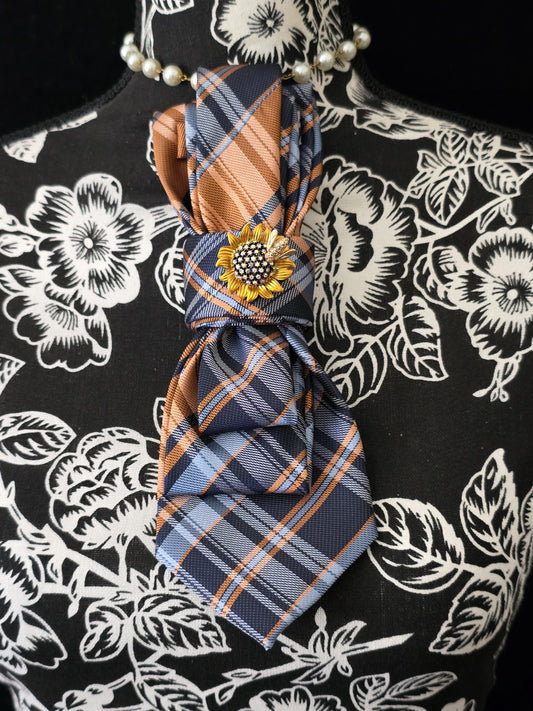 Sunflower Brooch- Blue Plaid Women's Necktie Necklace - Handcrafted Jewelry - Brooch Necktie - Stylish Neckwear For Women