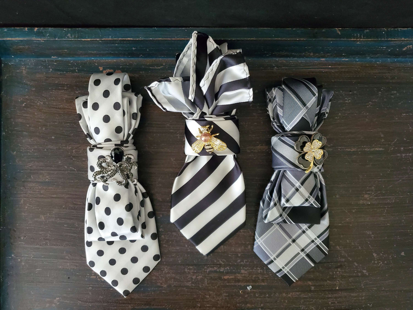 Bumble Bee Brooch- Black and White Stripe Women's Necktie Necklace