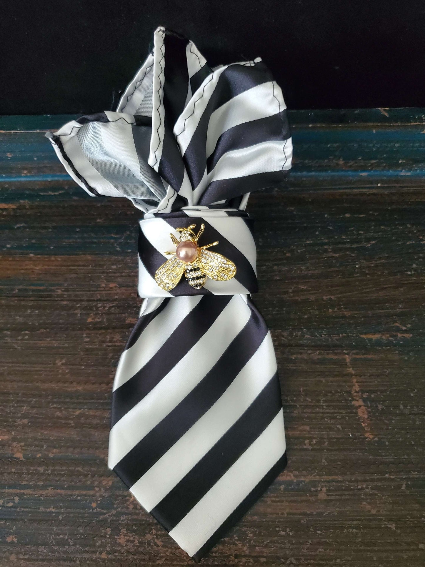 Bumble Bee Brooch- Black and White Stripe Women's Necktie Necklace