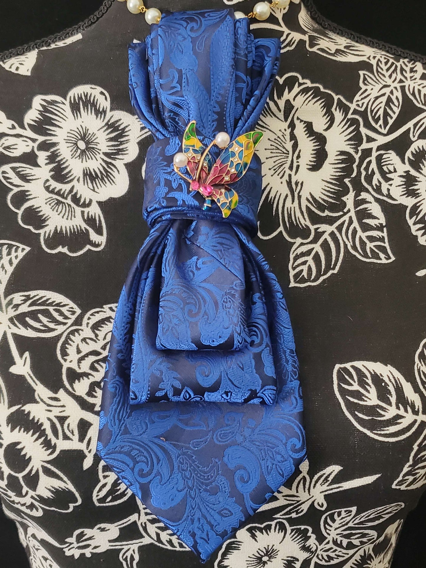 Simply Elegant Royal Blue Paisley Women's Tie- Butterfly Brooch Necklace- Fashion ties for women