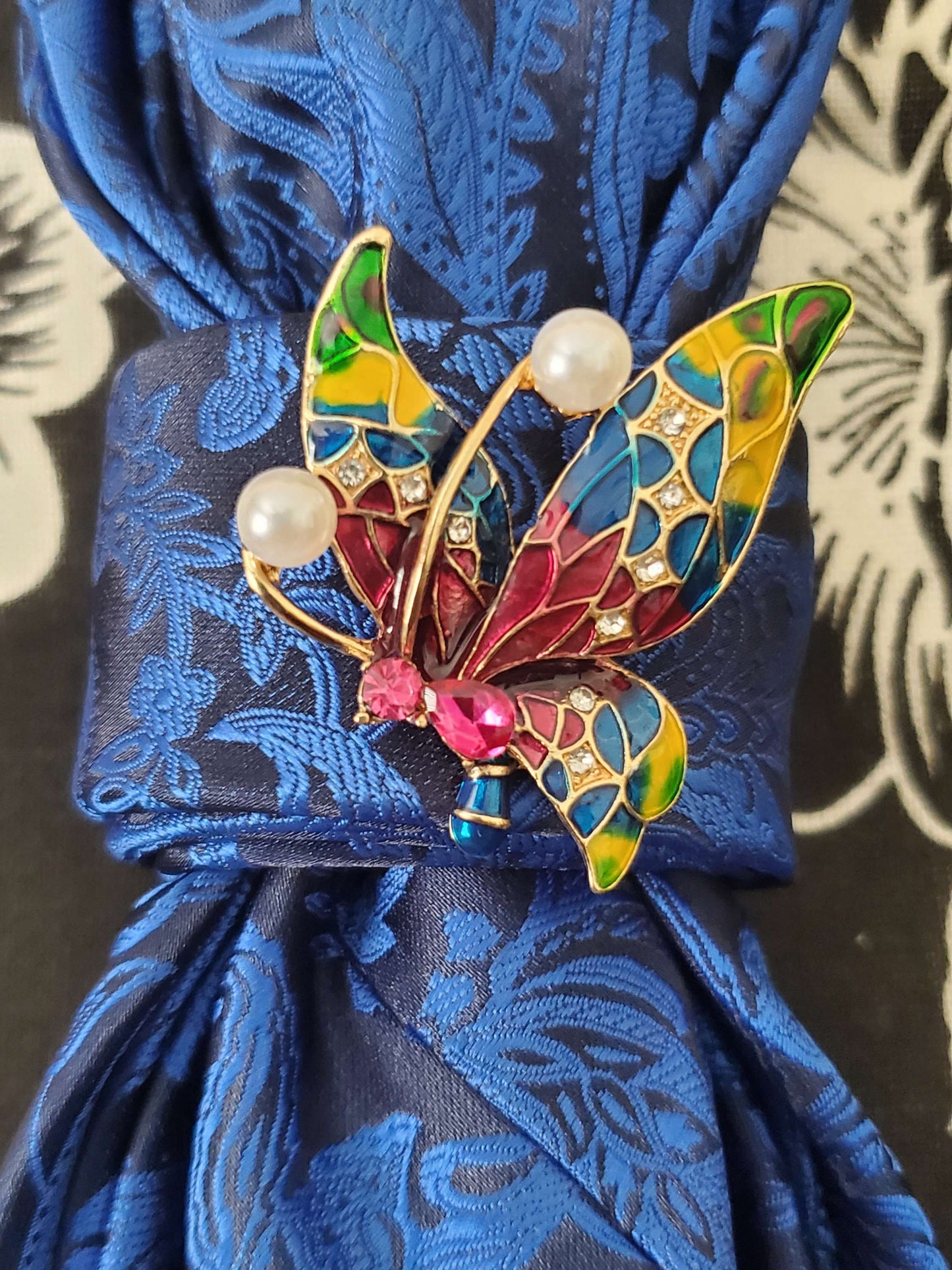 Simply Elegant Royal Blue Paisley Women's Tie- Butterfly Brooch Necklace- Fashion ties for women