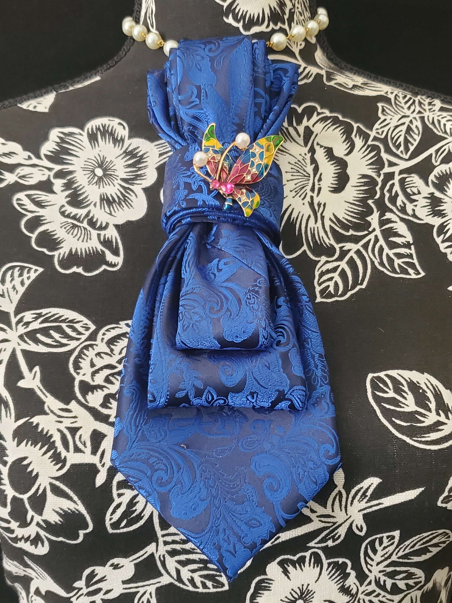 Simply Elegant Royal Blue Paisley Women's Tie- Butterfly Brooch Necklace- Fashion ties for women