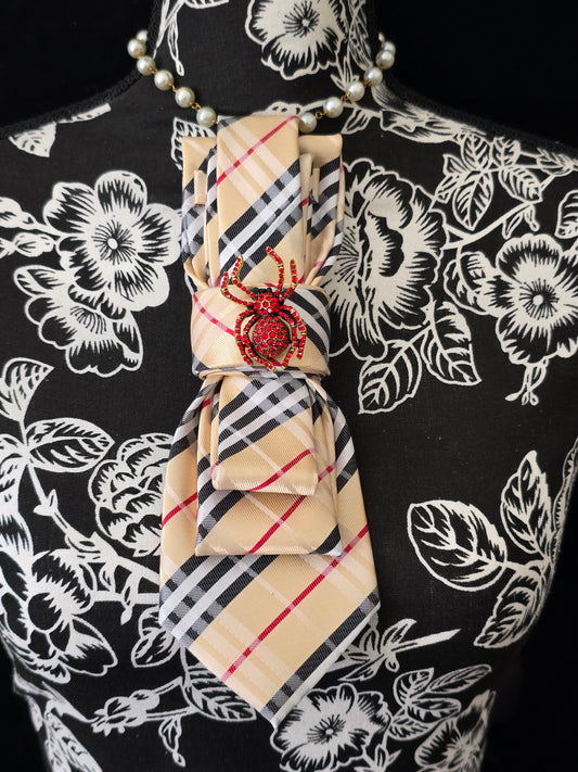 Spider Brooch Necklace- Gold Plaid Women's Necktie Necklace
