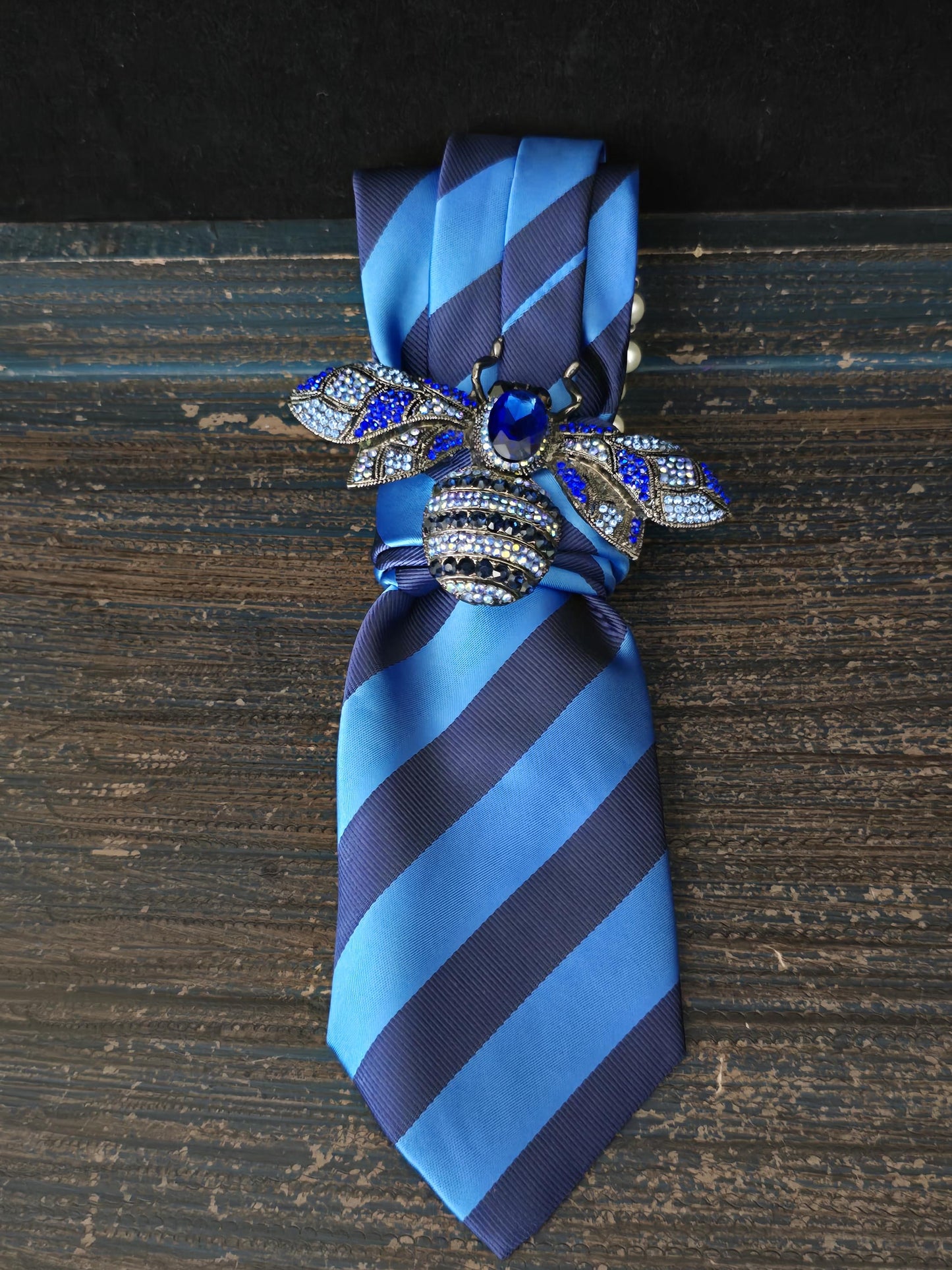 Blue Stripe Women's Necktie Necklace - Brooch Necktie - Stylish Neckwear For Women
