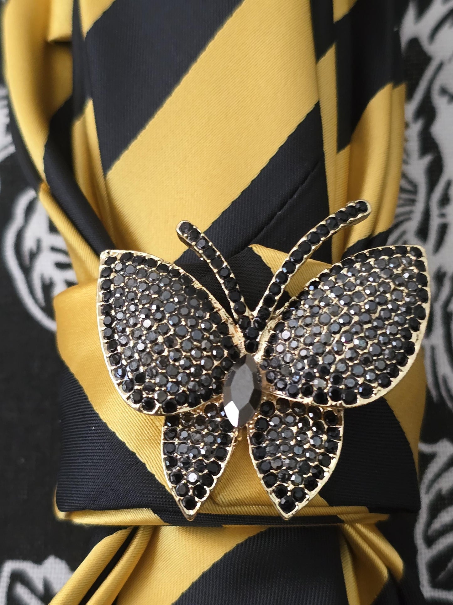 Butterfly Brooch Necklace - Black and Gold Stripe Women's Tie-Handcrafted Statement Jewelry - Brooch Necktie - Stylish Neckwear For Women