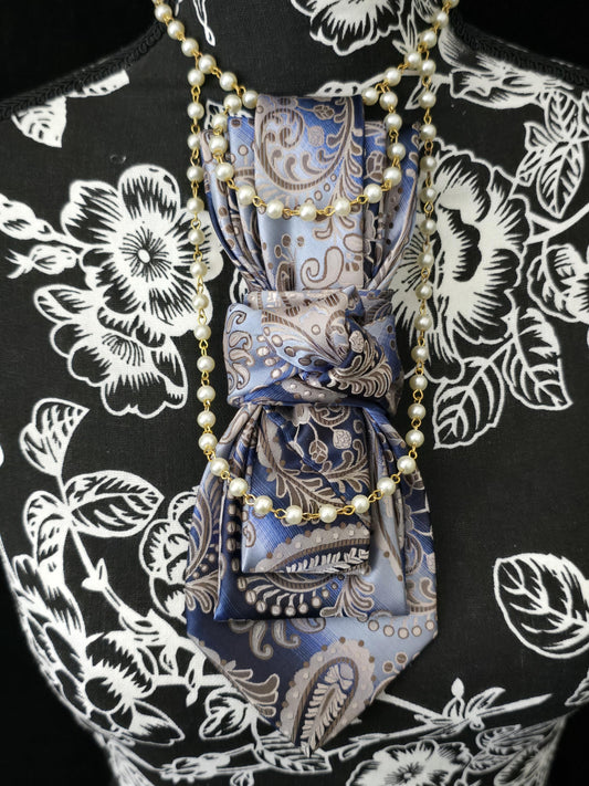 Women's Blue and Gray Paisley Necktie Necklace - Brooch Necktie For Women