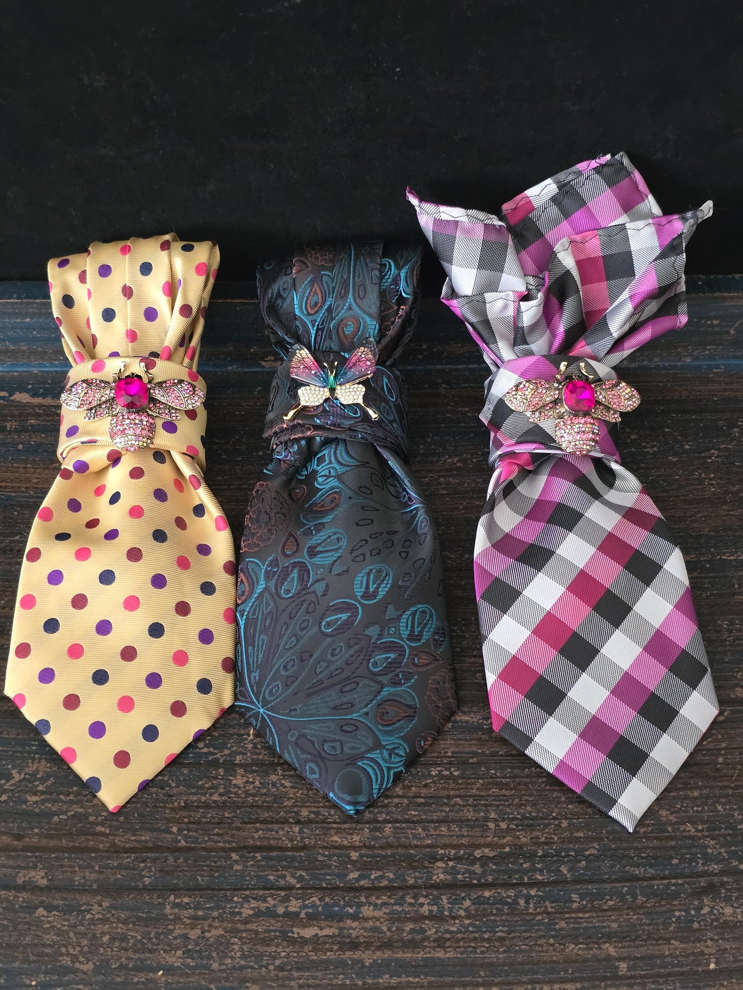 Pink and Black Plaid Women's Tie- Bumble Bee Brooch Necklace - Handcrafted Statement Jewelry - Brooch Necktie - Stylish Neckwear For Women