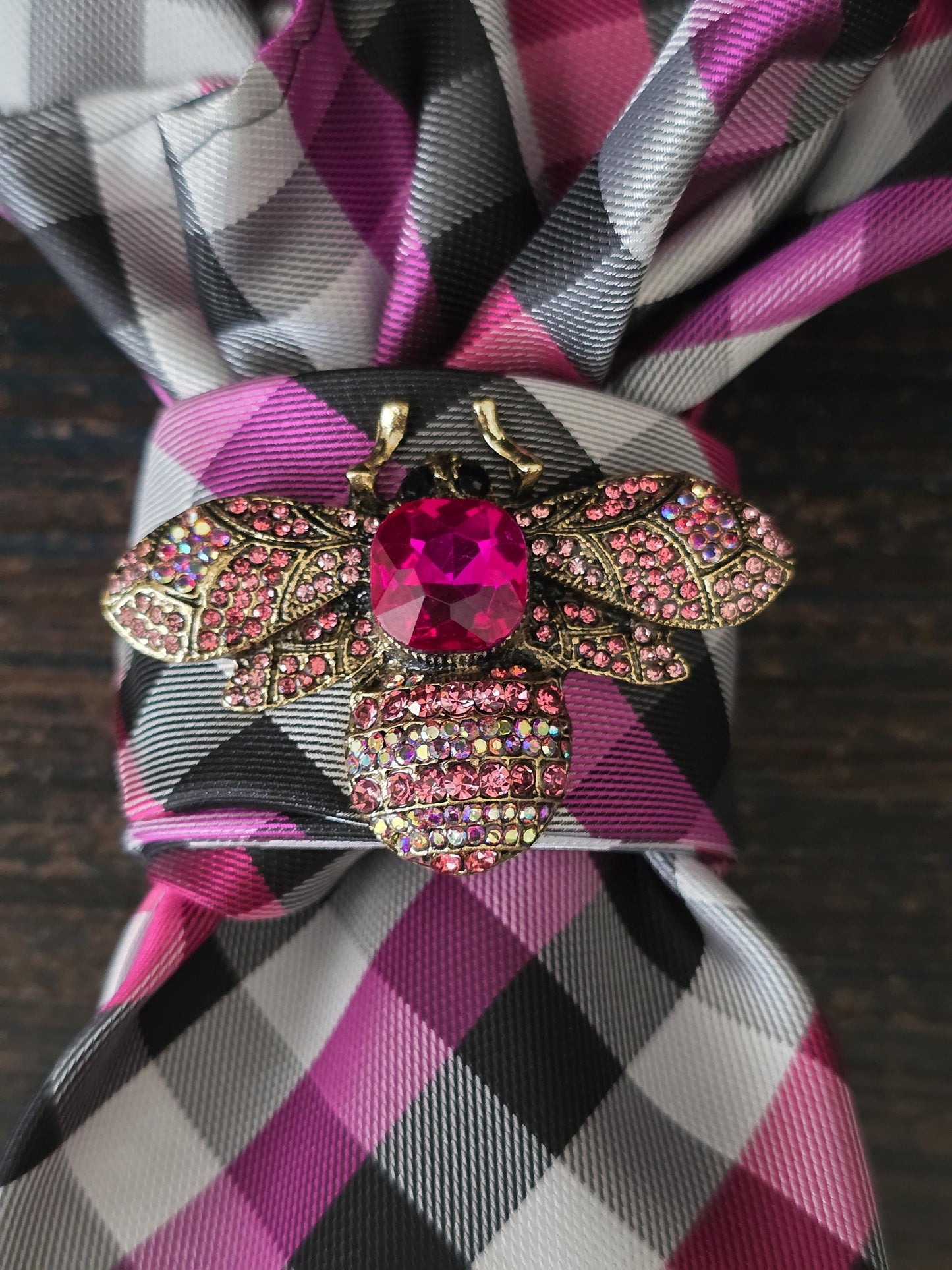 Pink and Black Plaid Women's Tie- Bumble Bee Brooch Necklace - Handcrafted Statement Jewelry - Brooch Necktie - Stylish Neckwear For Women