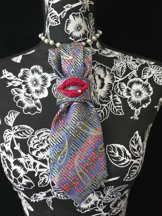 Red, Blue & Black Paisley Women's Necktie Necklace - Brooch Necktie - Stylish Neckwear For Women