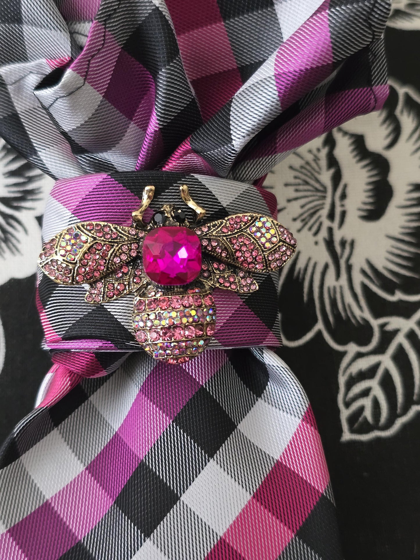 Pink and Black Plaid Women's Tie- Bumble Bee Brooch Necklace - Handcrafted Statement Jewelry - Brooch Necktie - Stylish Neckwear For Women