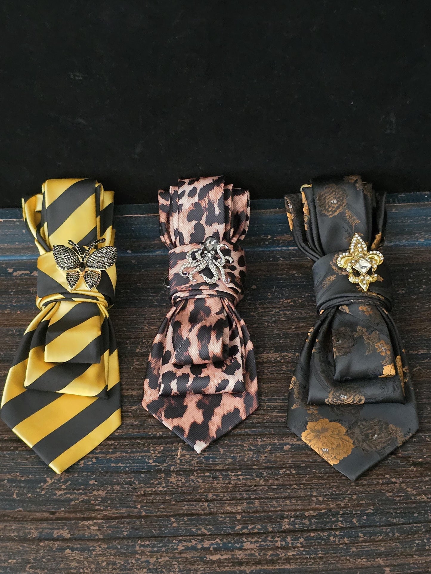 Butterfly Brooch Necklace - Black and Gold Stripe Women's Tie-Handcrafted Statement Jewelry - Brooch Necktie - Stylish Neckwear For Women