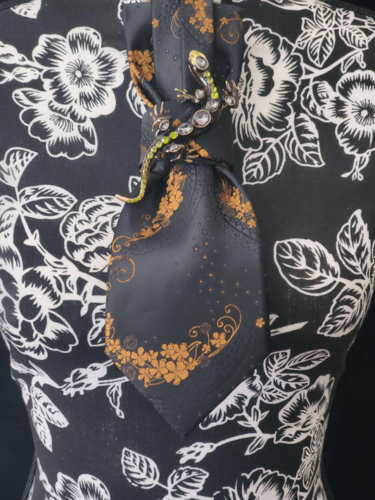 Simply Elegant Black and Gold Women's Necktie Necklace- Handcrafted Statement Jewelry - Brooch Necktie - Stylish Neckwear For Women