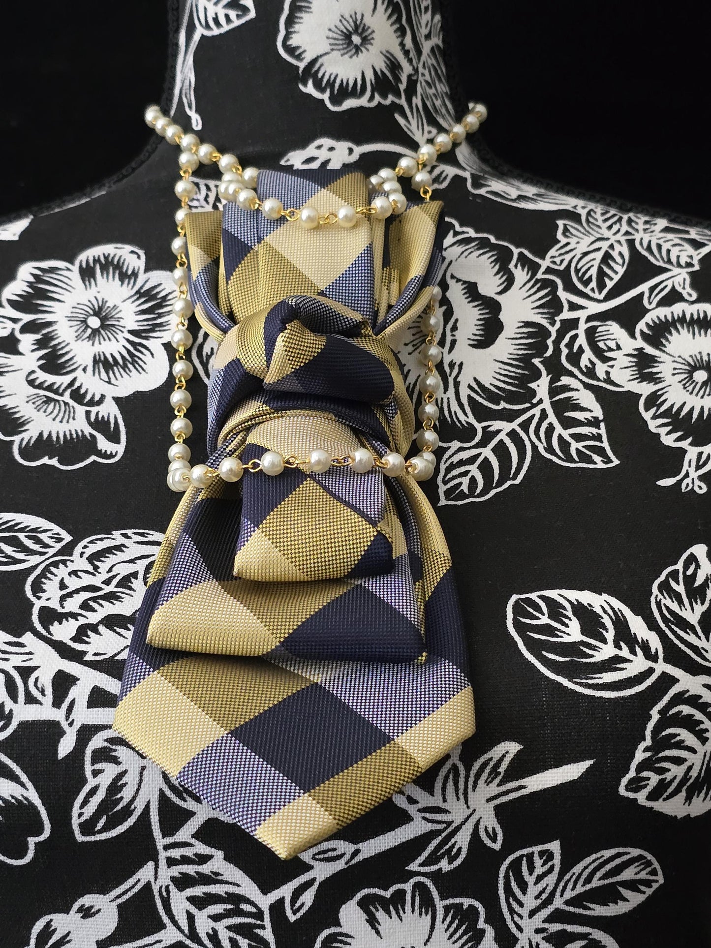 Women's Blue and Gold Plaid Necktie Necklace - Handcrafted Statement Jewelry - Brooch Necktie For Women