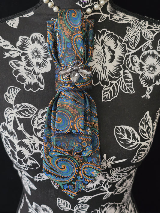 Green and Black Paisley Women's Tie- Butterfly Brooch Necklace - Handcrafted Statement Jewelry - Brooch Necktie -Stylish Neckwear For Women