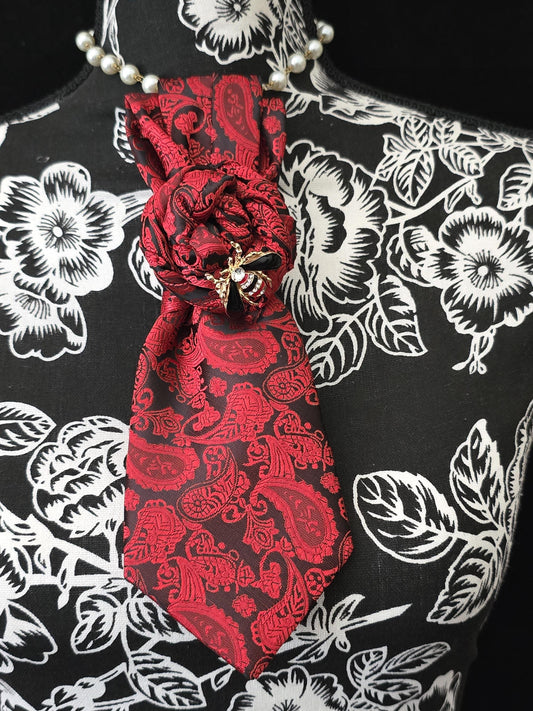 Simply Elegant Red Paisley Women's Necktie Necklace - Handcrafted Statement Jewelry - Brooch Necktie - Stylish Neckwear For Women