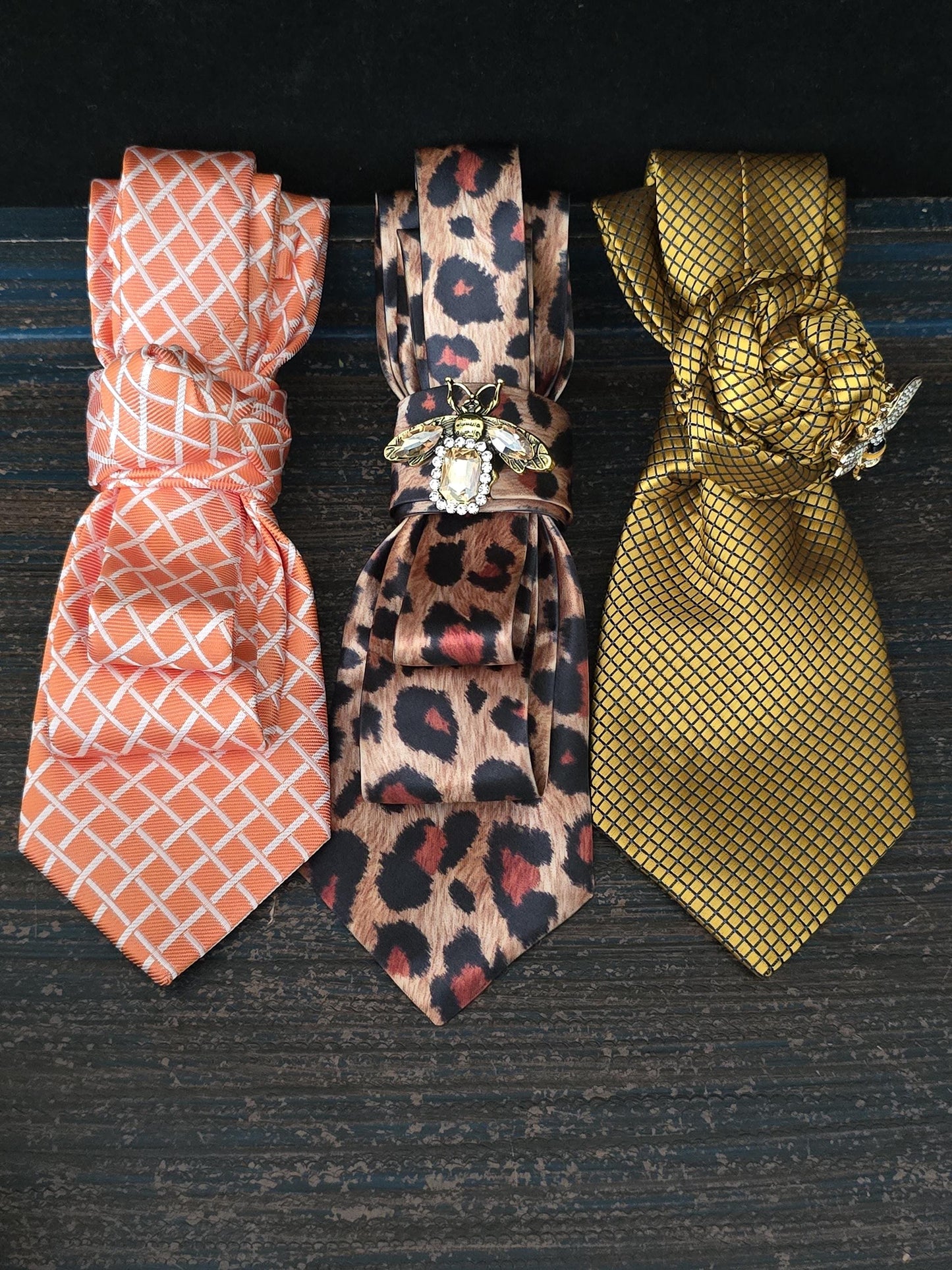Women's Orange and White Necktie Necklace - Brooch Necktie For Women