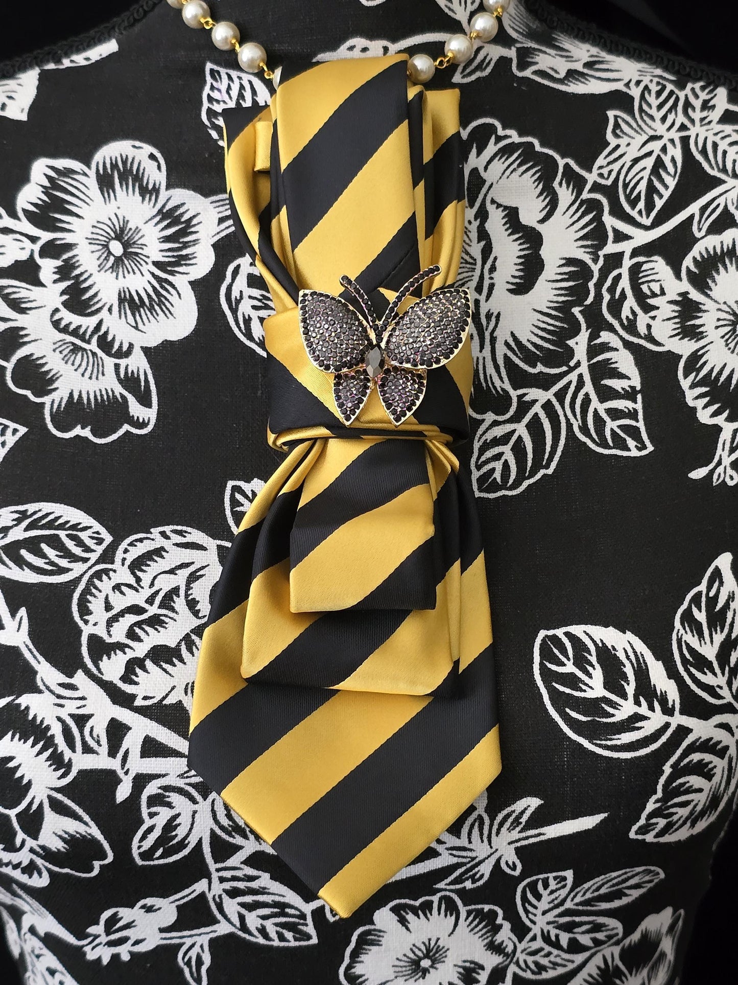 Butterfly Brooch Necklace - Black and Gold Stripe Women's Tie-Handcrafted Statement Jewelry - Brooch Necktie - Stylish Neckwear For Women