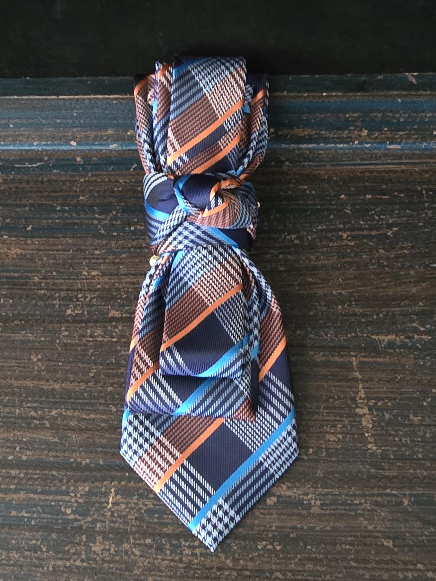 Women's Blue and Orange Plaid Necktie Necklace - Handcrafted Statement Jewelry - Brooch Necktie For Women